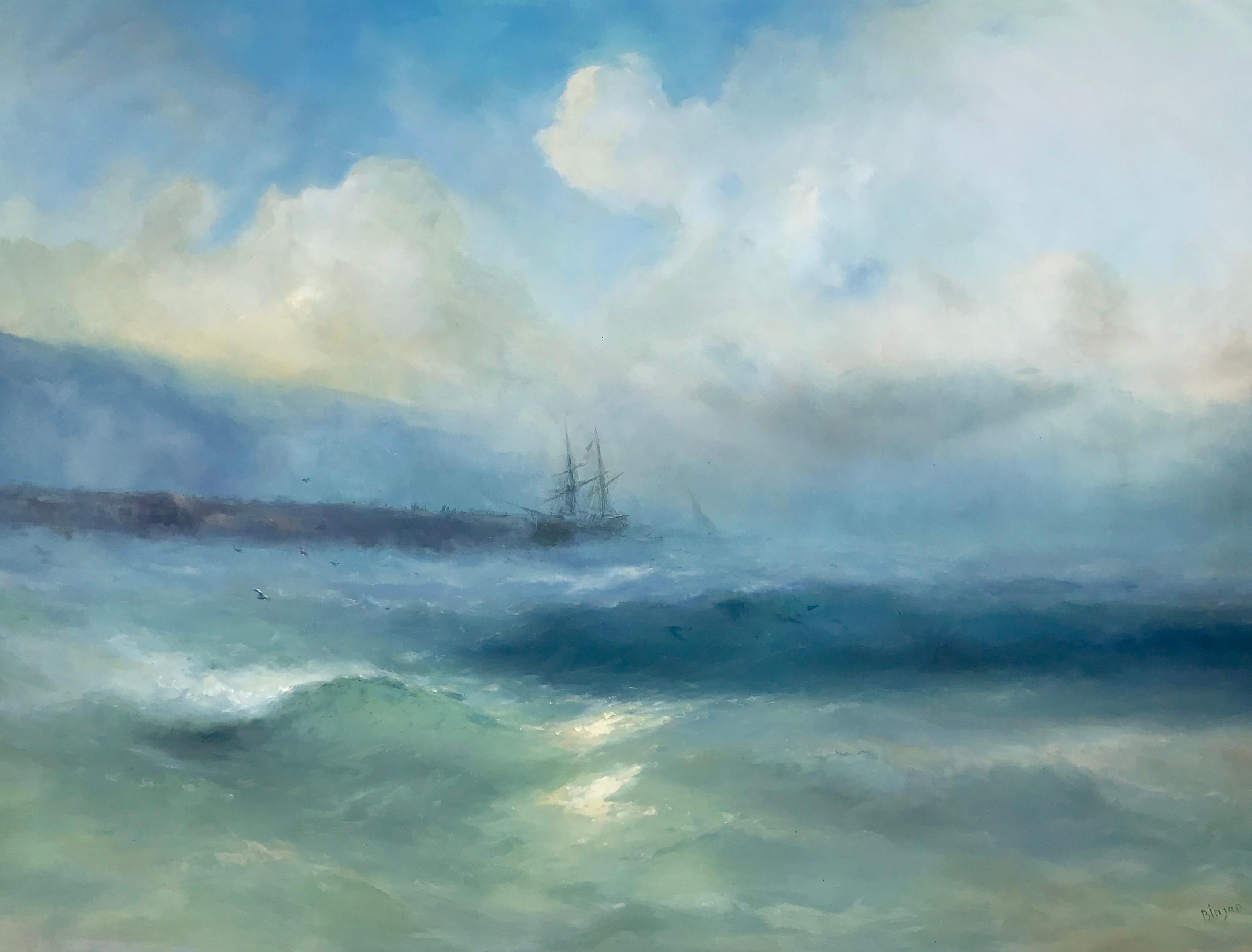 Grande peinture à l'huile de paysage marin Ocean Breeze, œuvre d'art faite à la main