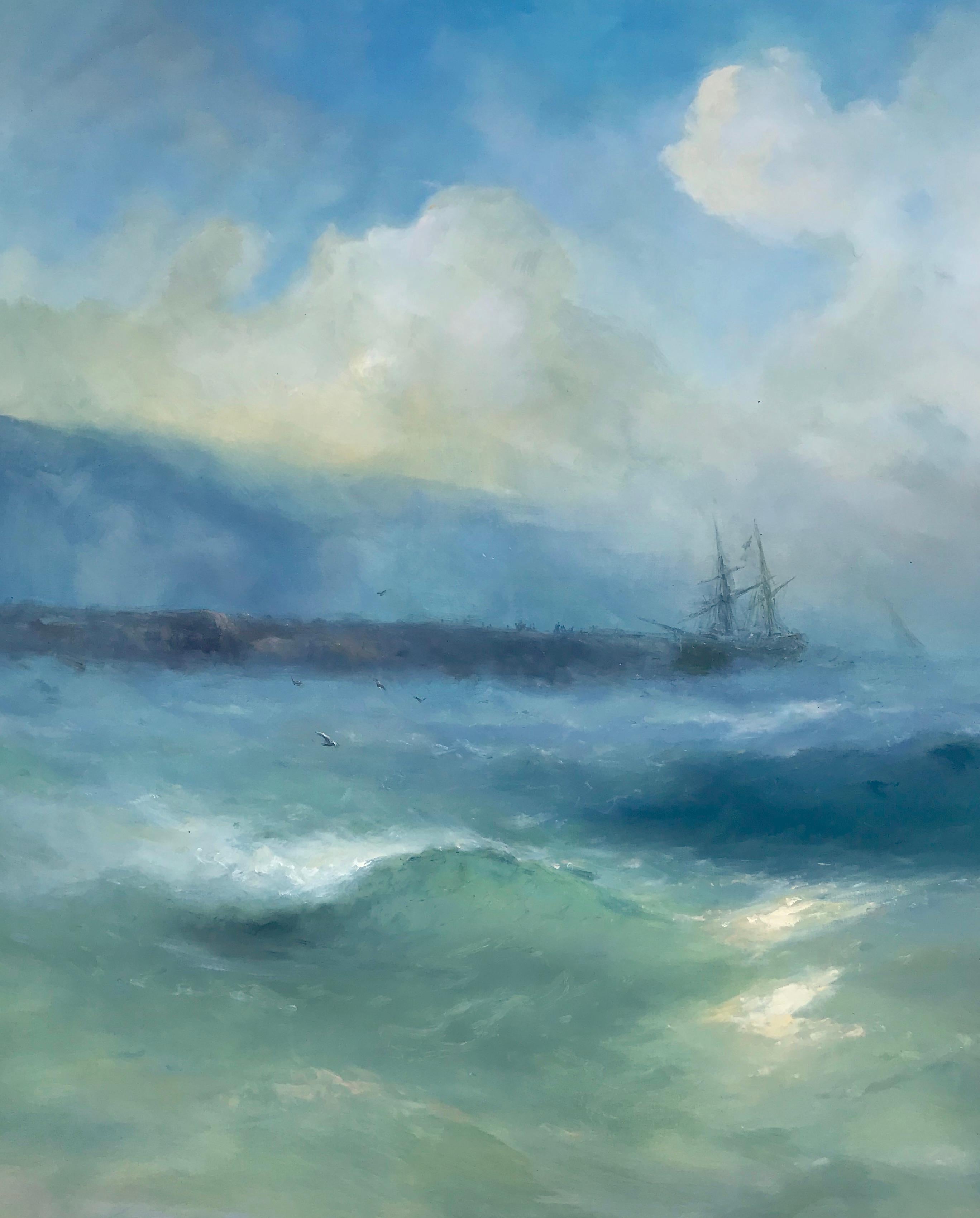 Brisa marina Cuadro al óleo grande, obra de arte hecha a mano - Landscape Painting Azul de Karen Darbinyan