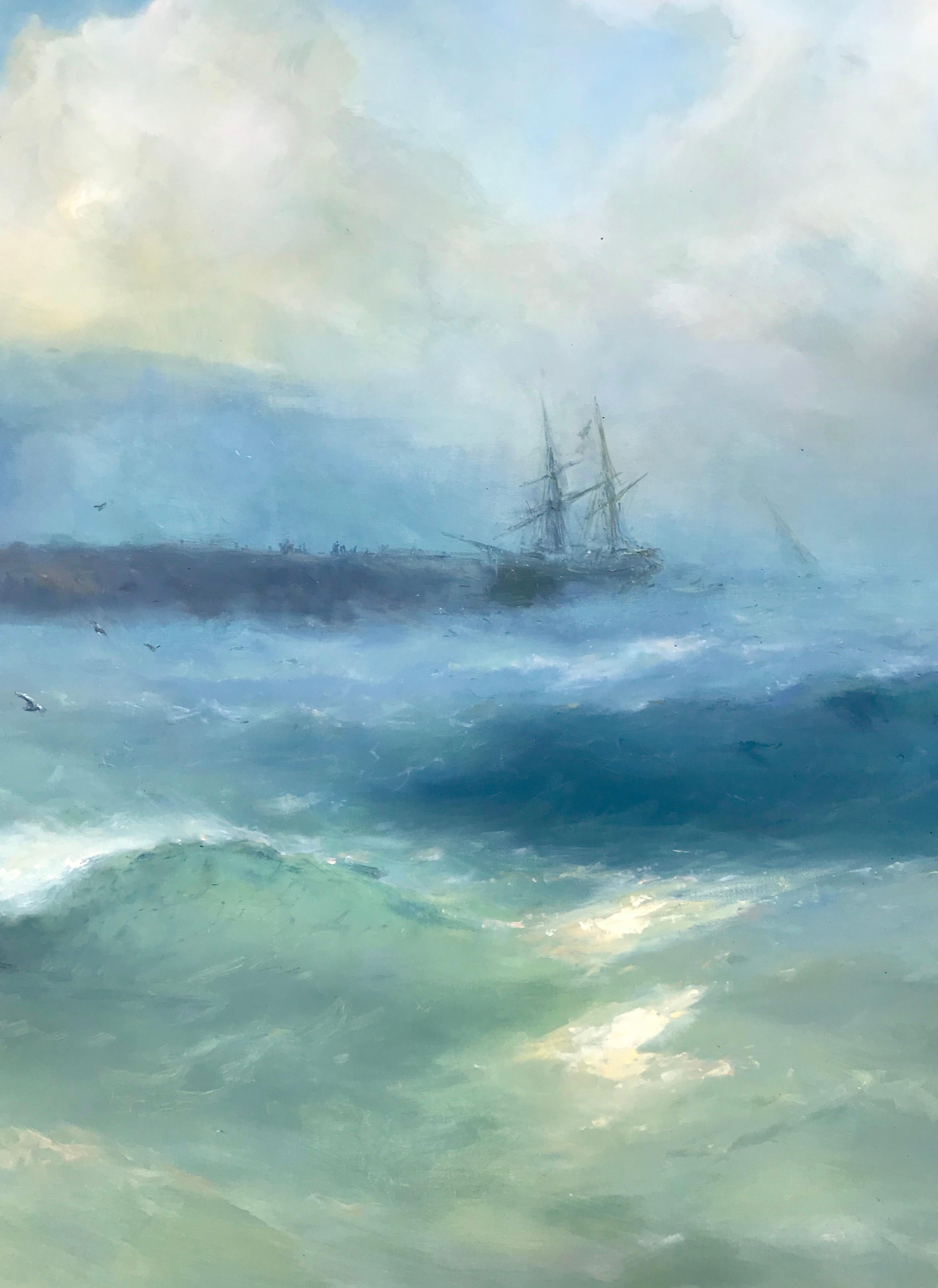 Grande peinture à l'huile de paysage marin Ocean Breeze, œuvre d'art faite à la main en vente 1
