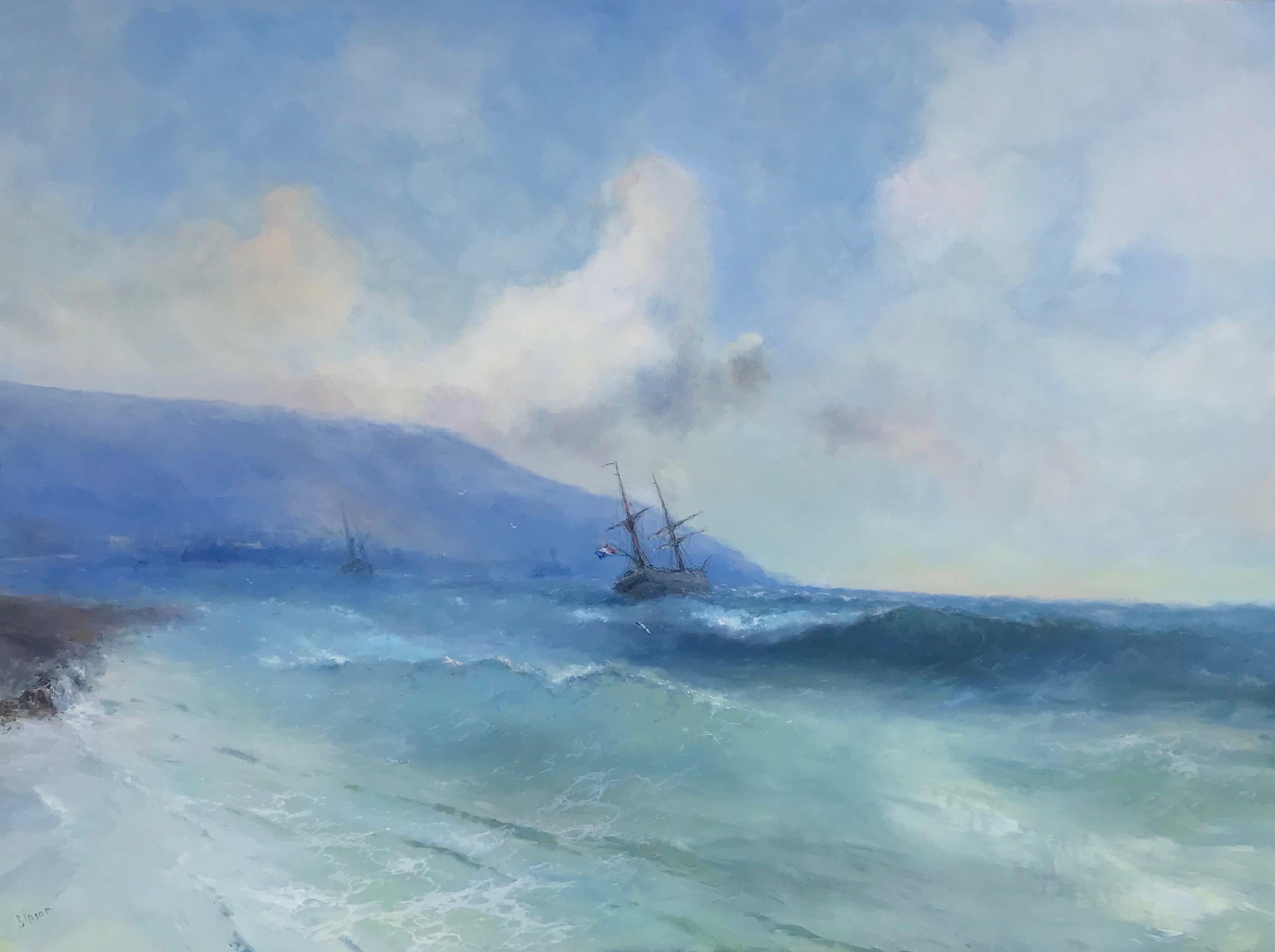 Pittura ad olio originale della costa, di grandi dimensioni, pronta per essere appesa in vendita 1