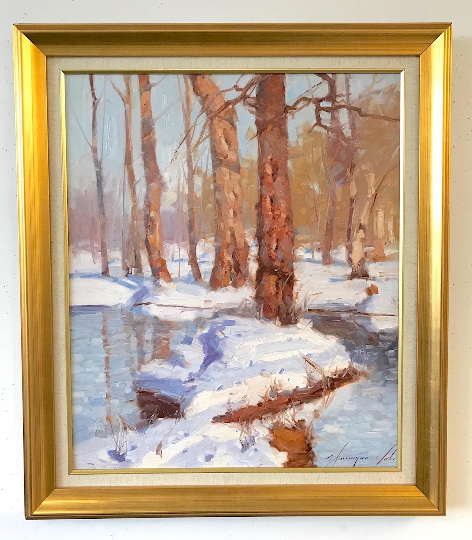 Sunny Winter, Landscape oil Painting, One of a kind, Framed - Gray Landscape Painting by Vahe Yeremyan