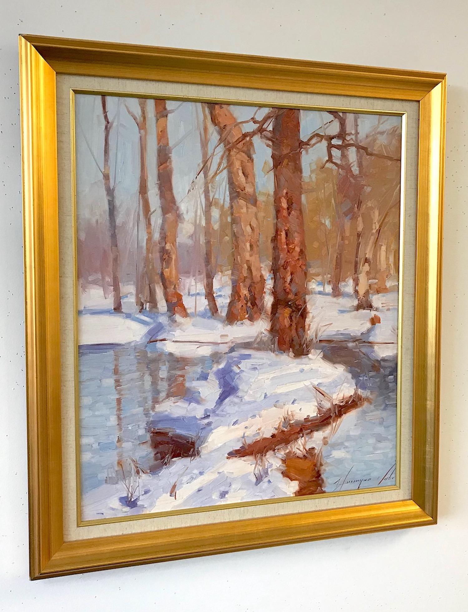 Sunny Winter, Landscape oil Painting, One of a kind, Framed For Sale 1
