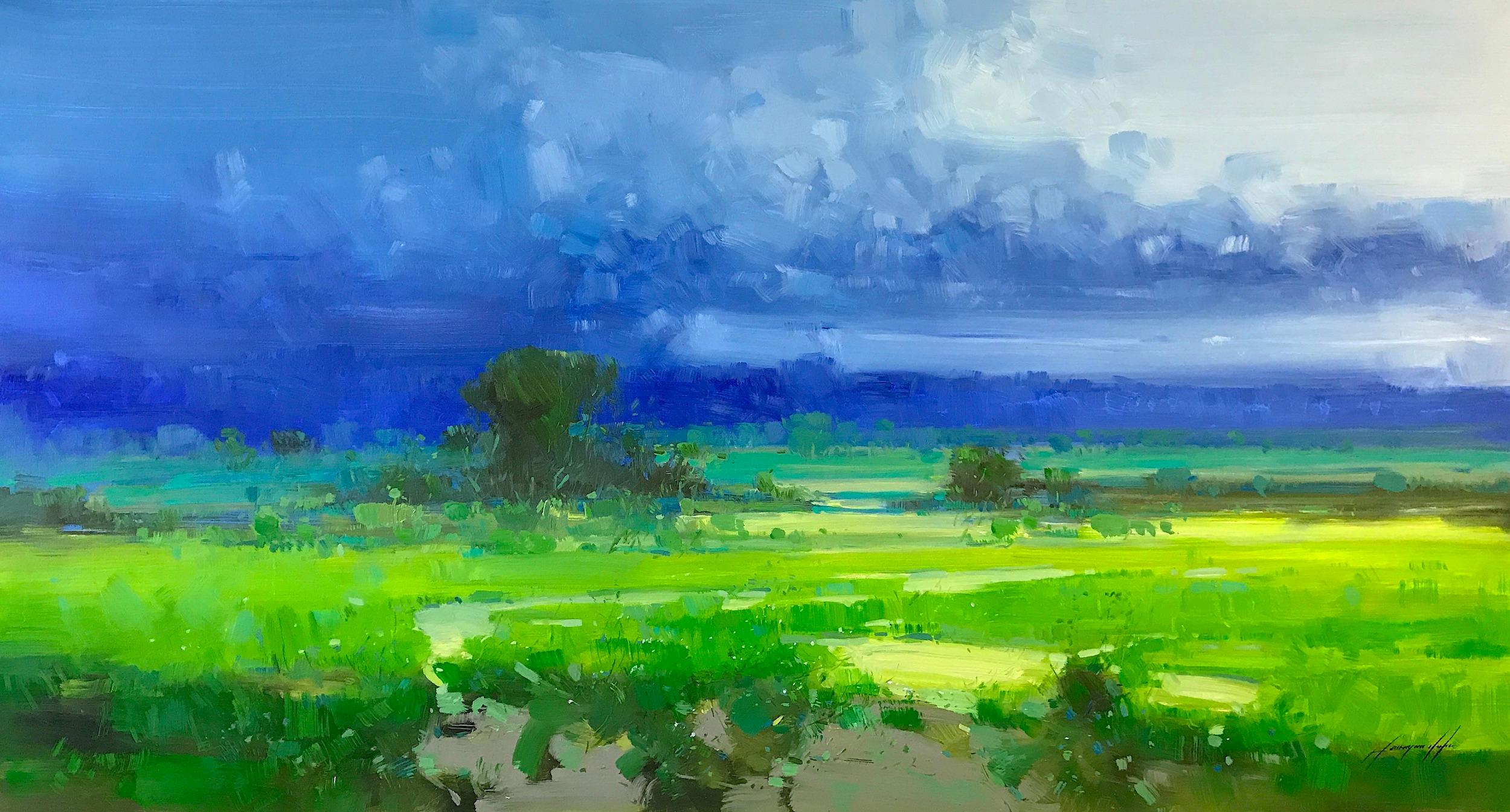 Landscape Painting Vahe Yeremyan - Peinture à l'huile originale de l'été cobalt, exemplaire unique