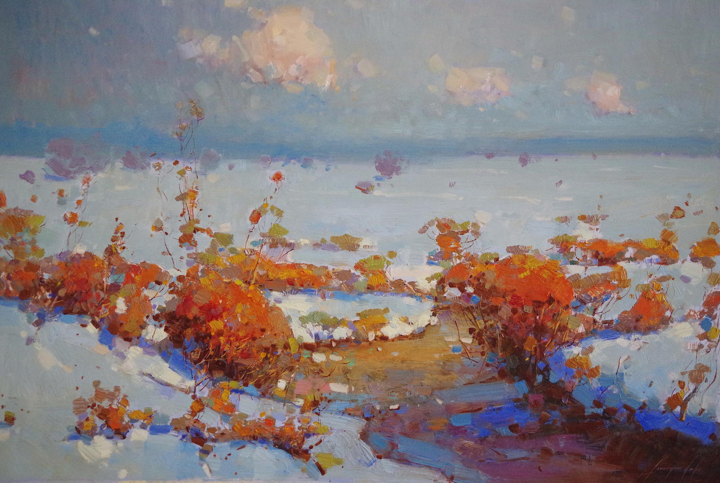 Vahe Yeremyan Landscape Painting - Winter Riverside, Original Oil Painting, Ready to Hang