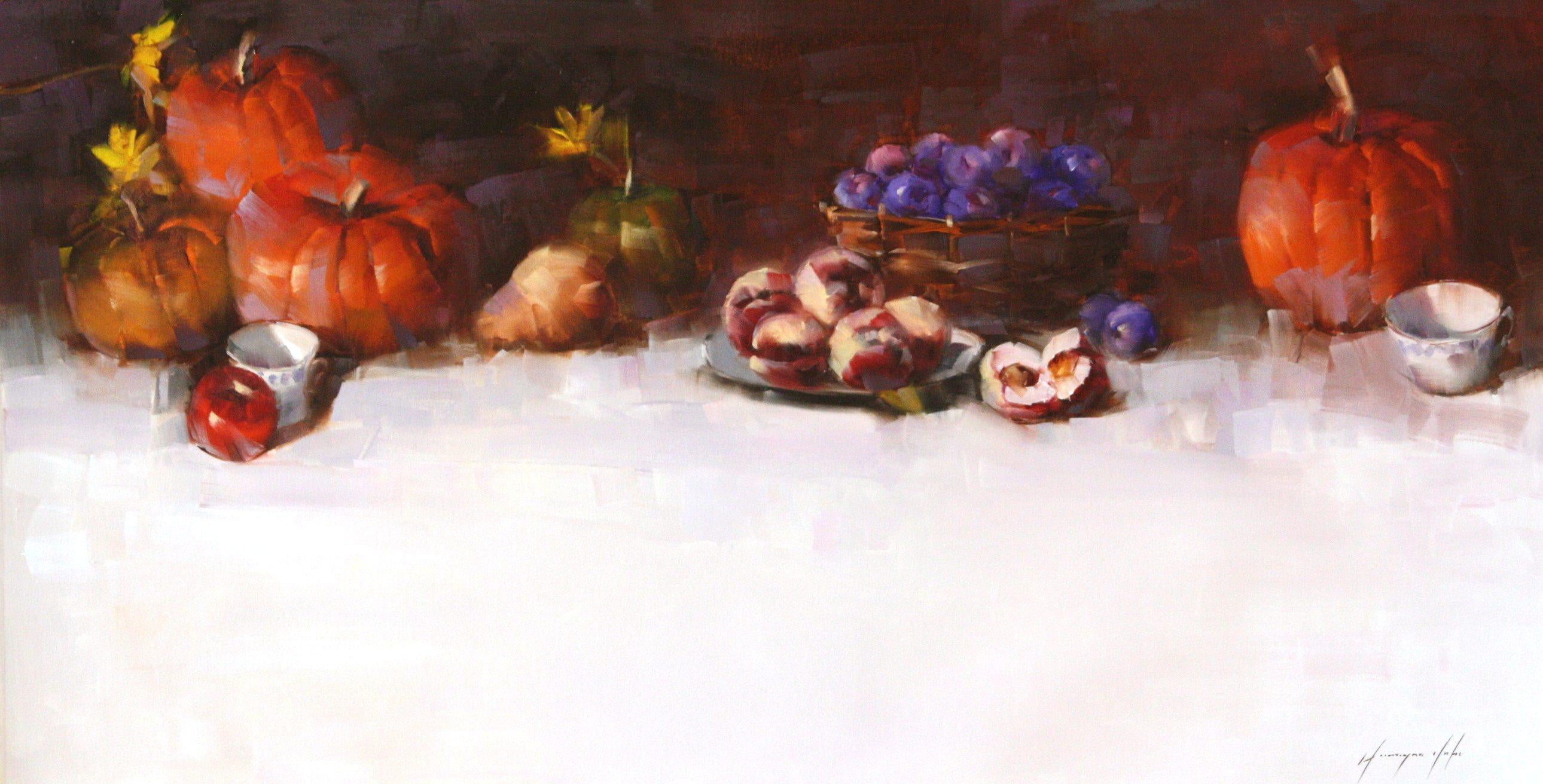 Vahe Yeremyan Still-Life Painting – Stillleben mit Pumpkins, Original-Ölgemälde, hängefertig
