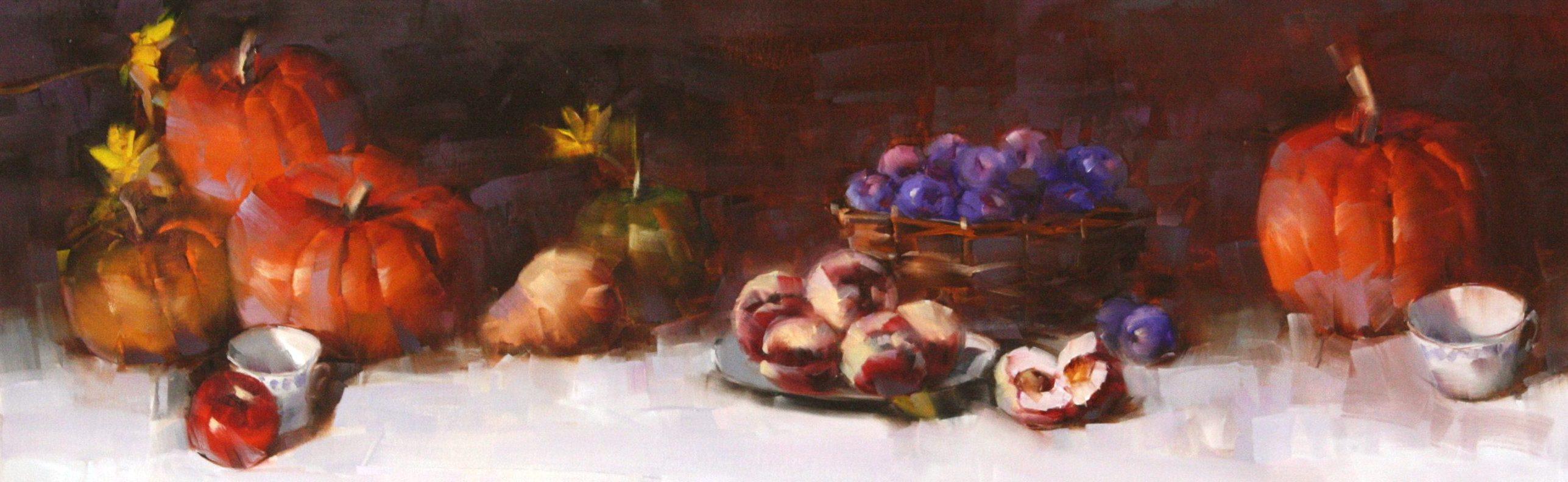Still Life with Pumpkins, Original Oil Painting, Ready to Hang - Gray Still-Life Painting by Vahe Yeremyan