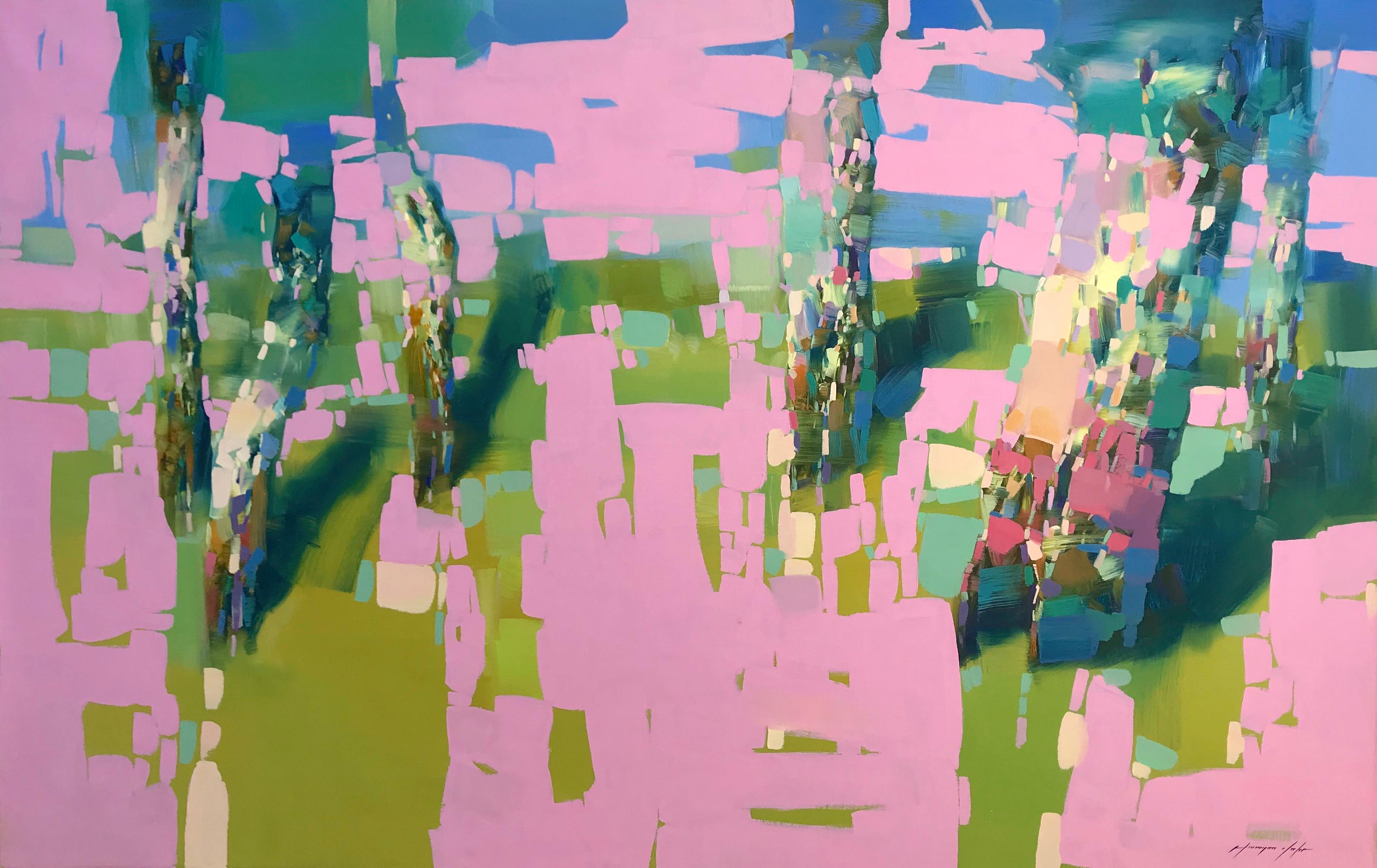 Boschetto in Vibrante, Paesaggio astratto, Pittura ad olio originale, Pronto da appendere