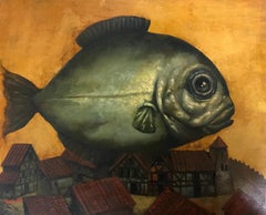 Fish, Surrealism, Original oil Painting, Handmade artwork