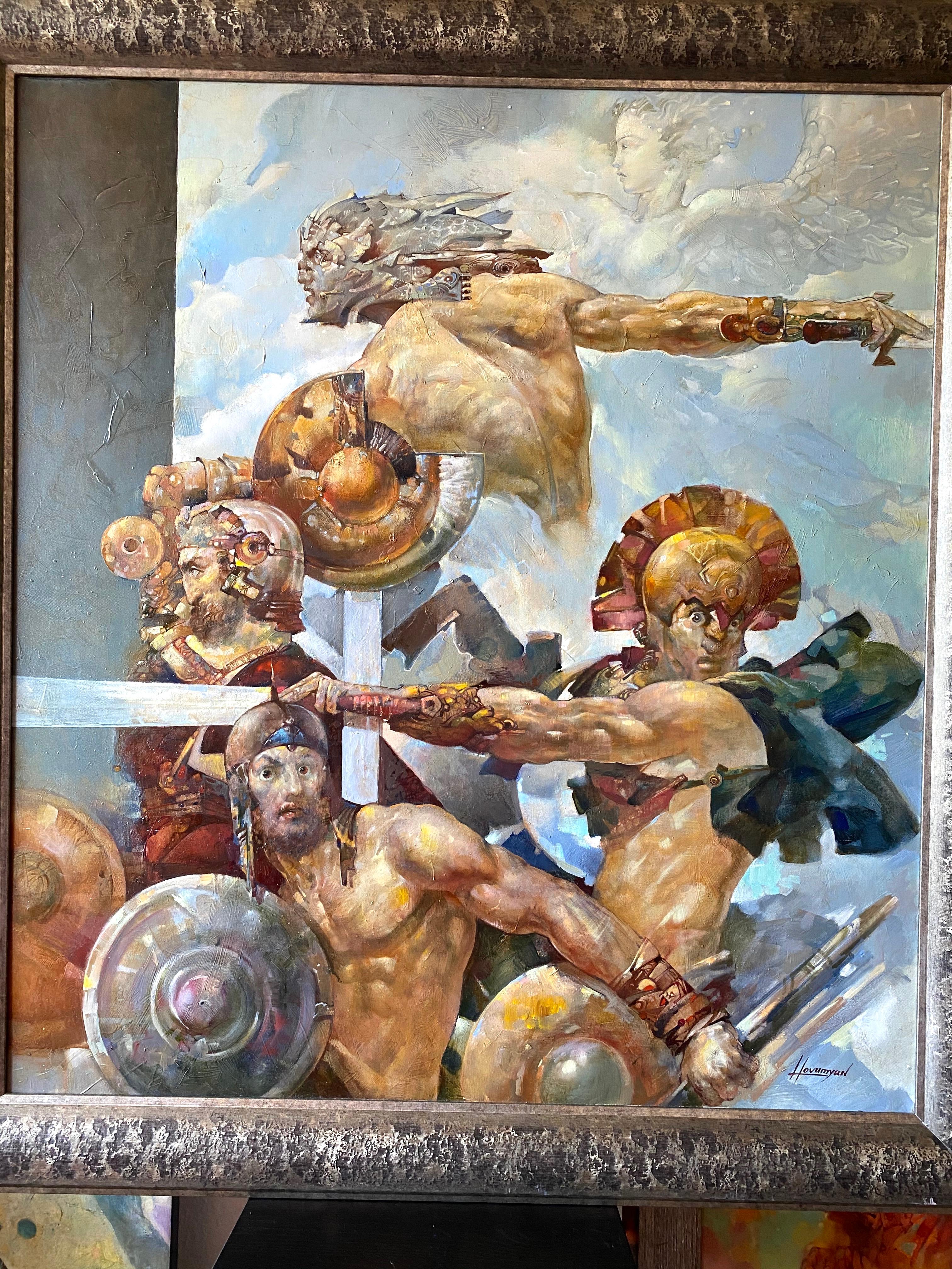 Lotta tra maggiordomi, Surrealismo figurativo, Pittura ad olio originale, pronta per essere appesa - Painting di Tigran Hovumyan