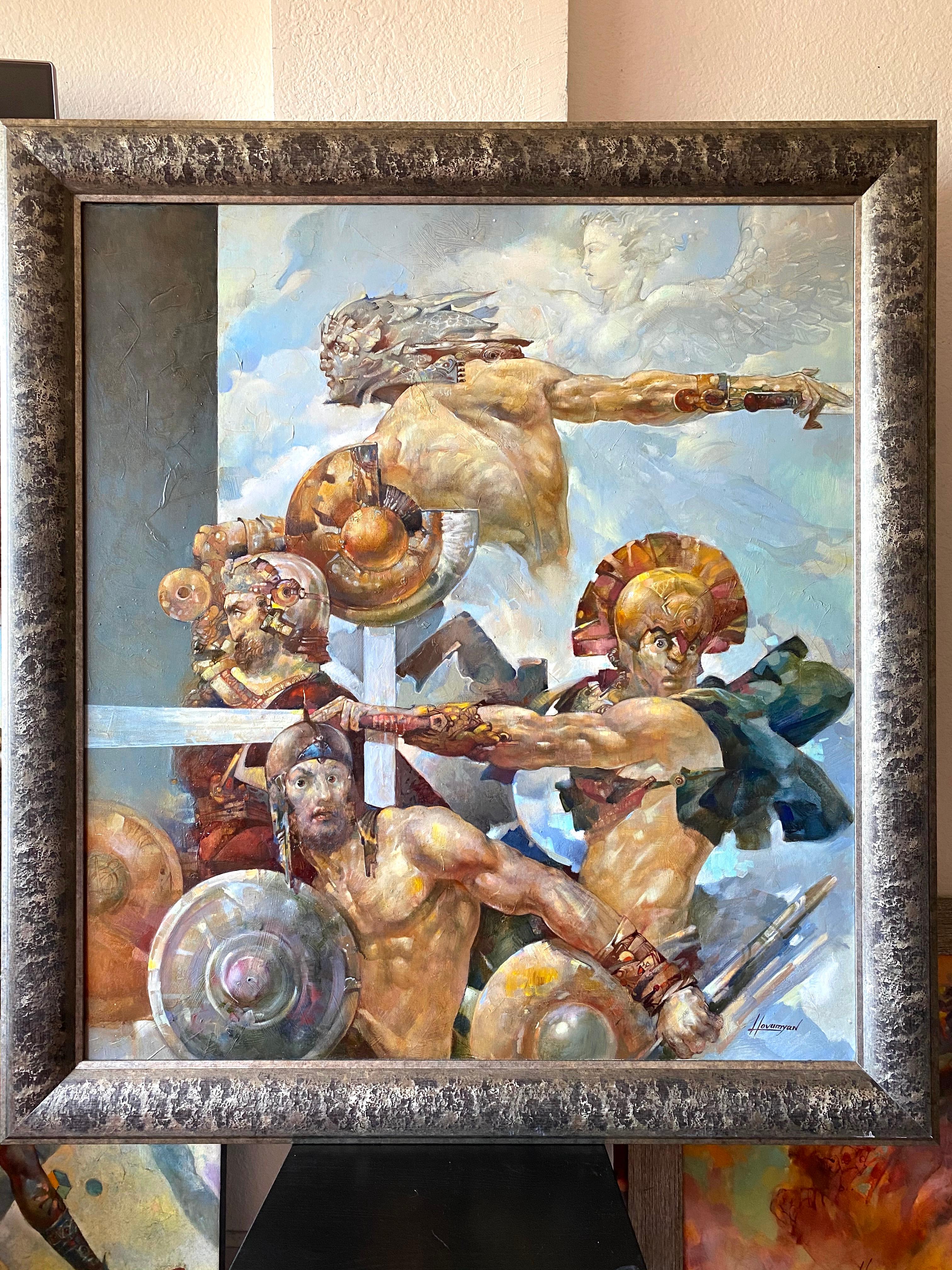 Lotta tra maggiordomi, Surrealismo figurativo, Pittura ad olio originale, pronta per essere appesa - Figurative Painting Grigio di Tigran Hovumyan