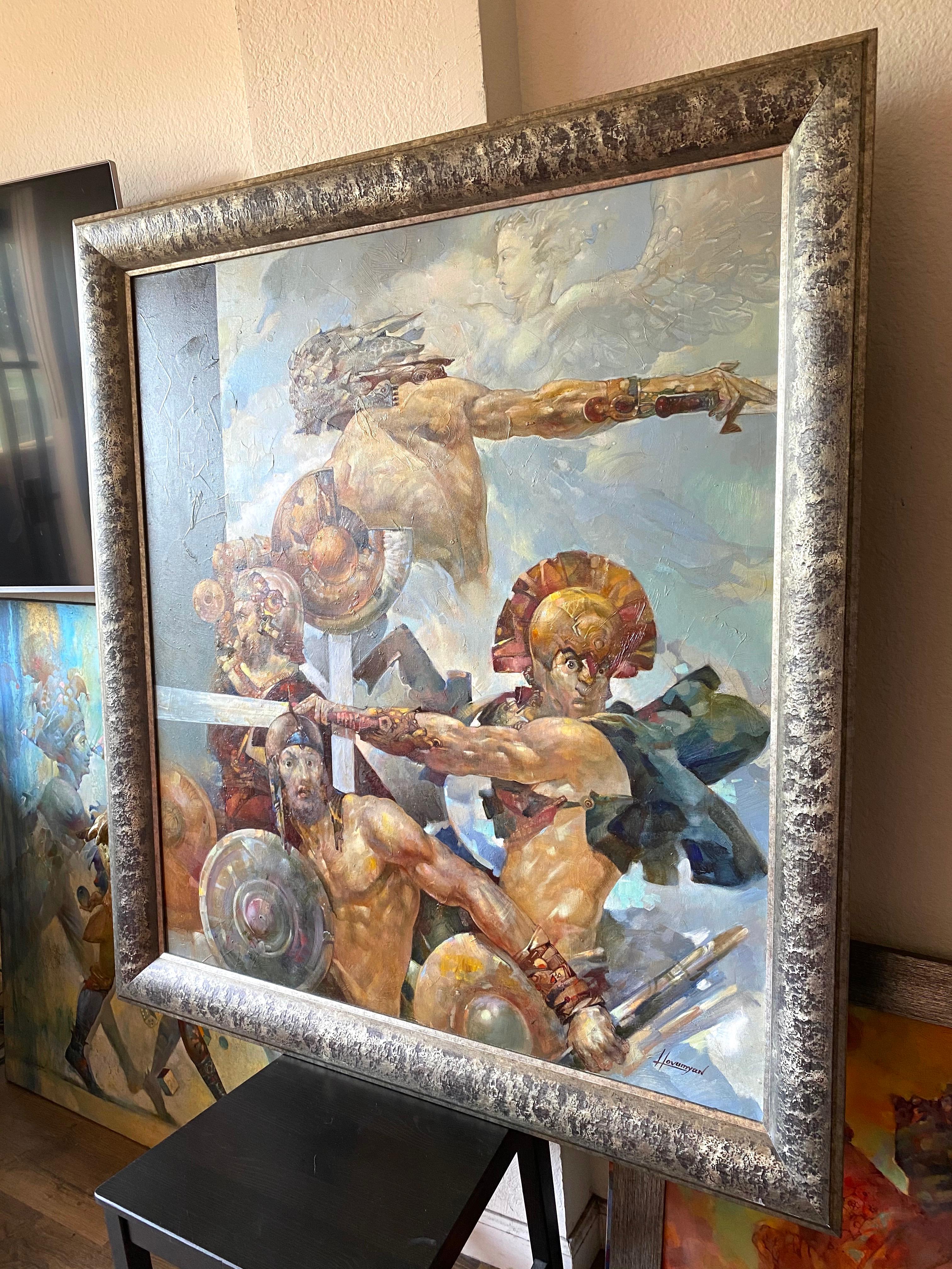 Lotta tra maggiordomi, Surrealismo figurativo, Pittura ad olio originale, pronta per essere appesa in vendita 1