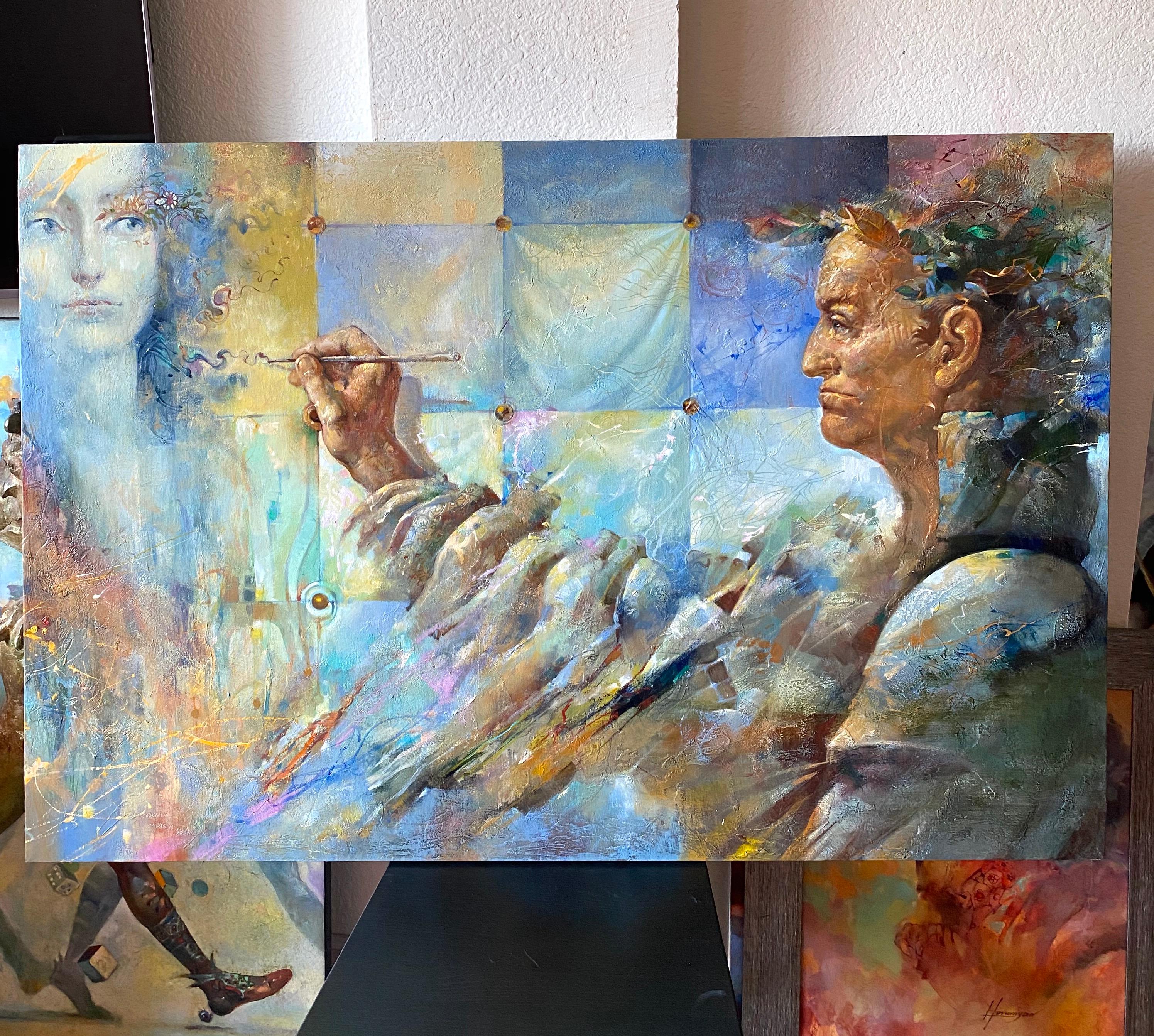 Menzione, Ritratto Surrealismo Pittura ad olio originale, pronta da appendere - Painting di Tigran Hovumyan