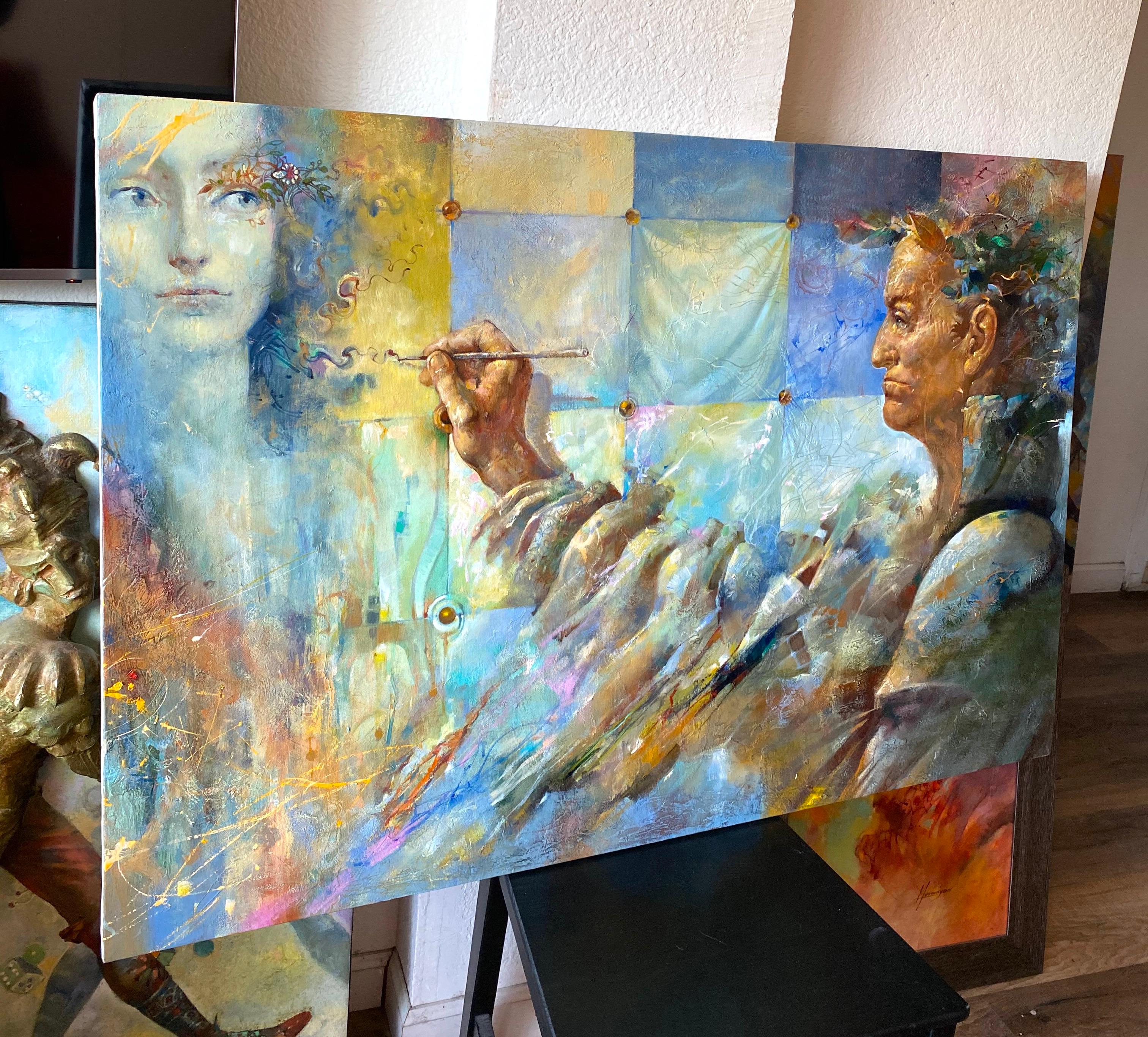 Menzione, Ritratto Surrealismo Pittura ad olio originale, pronta da appendere - Figurative Painting Marrone di Tigran Hovumyan