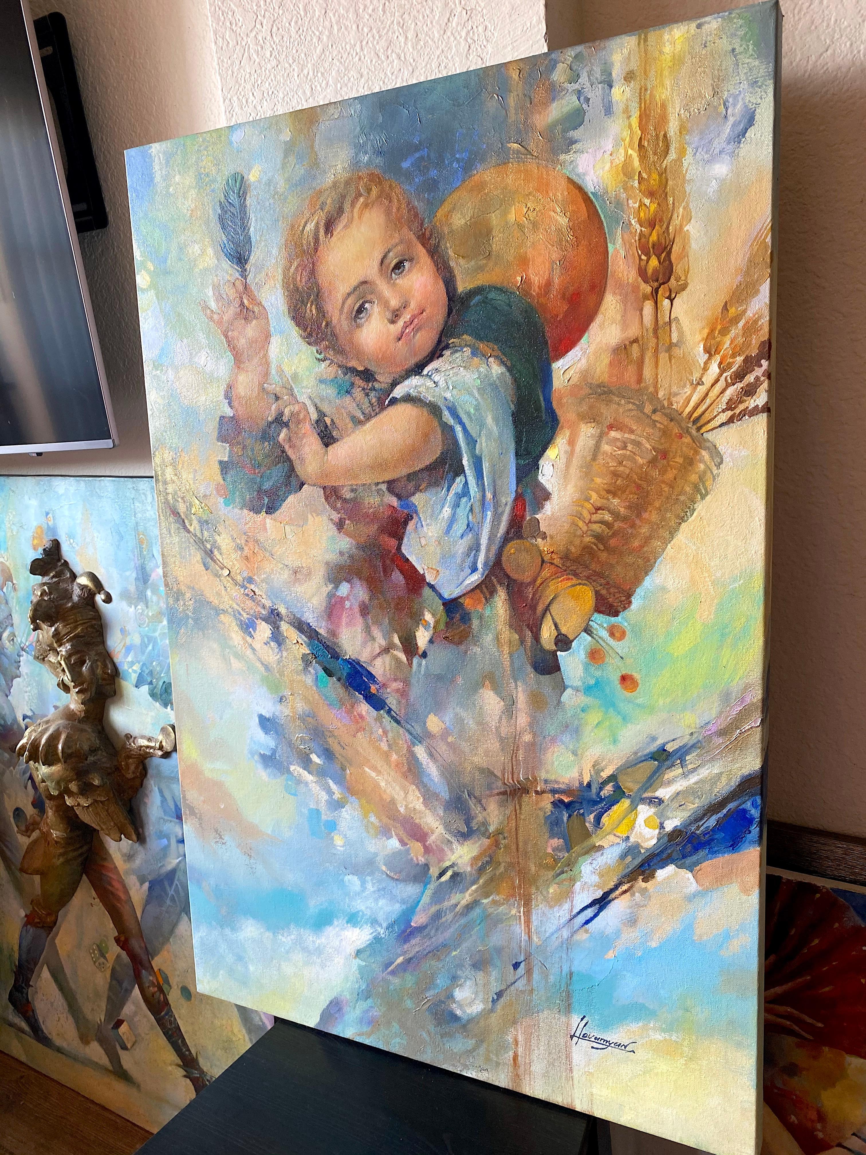 Childhood, Peinture à l'huile originale, prête à être accrochée - Marron Portrait Painting par Tigran Hovumyan