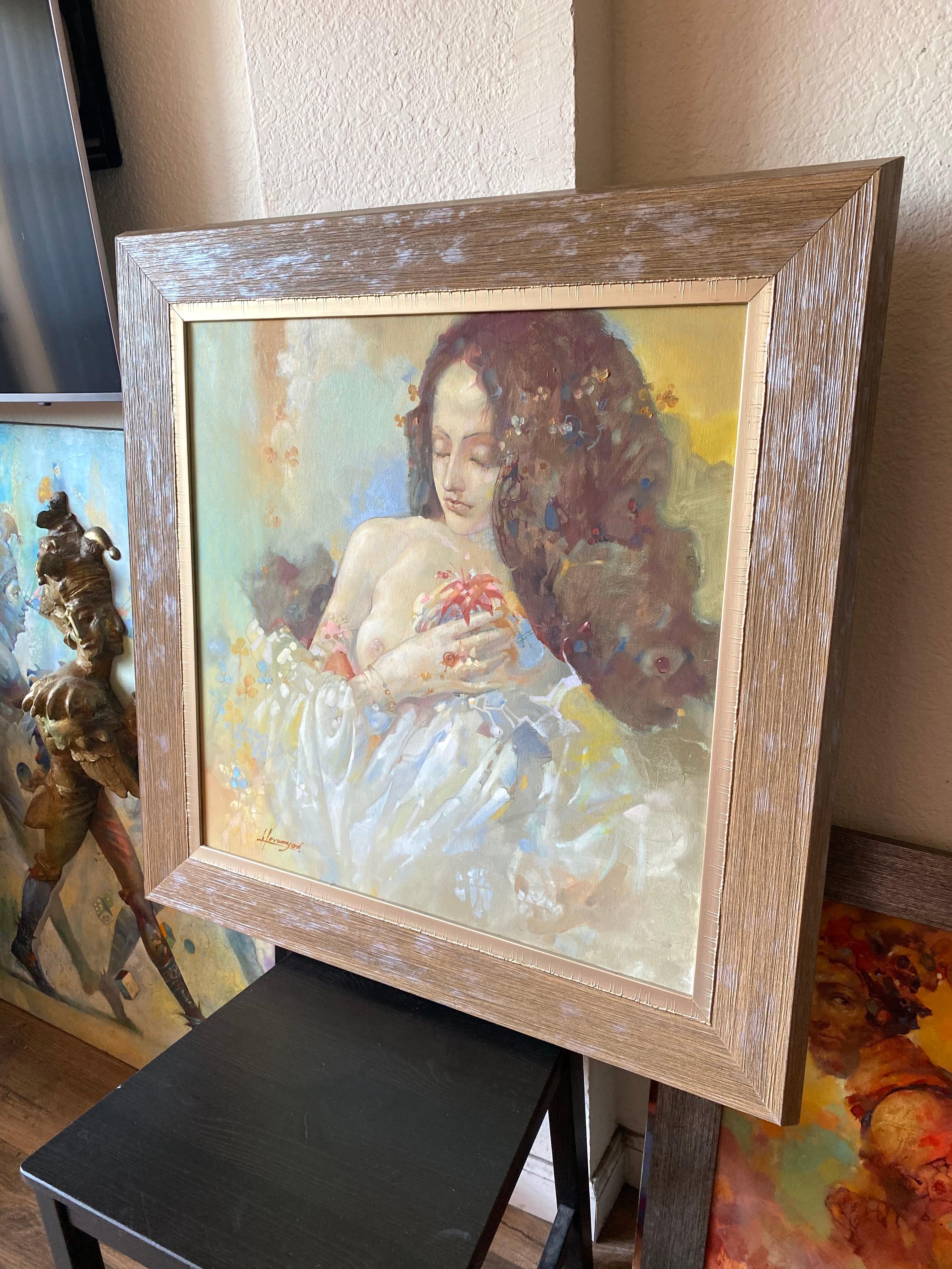 Inspiration, Original oil Painting, Ready to Hang - Gray Figurative Painting by Tigran Hovumyan