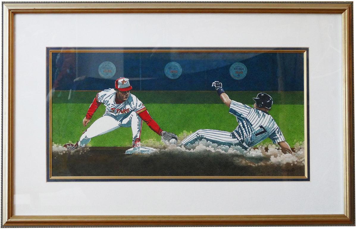 Im Originalbild Diamond Dust fängt der kanadische Künstler Dwight Baird meisterhaft den spannenden Moment eines Baseballspiels ein, wenn ein Spieler zur zweiten Base gleitet. Das Stück schildert anschaulich den flüchtigen Bruchteil einer Sekunde -