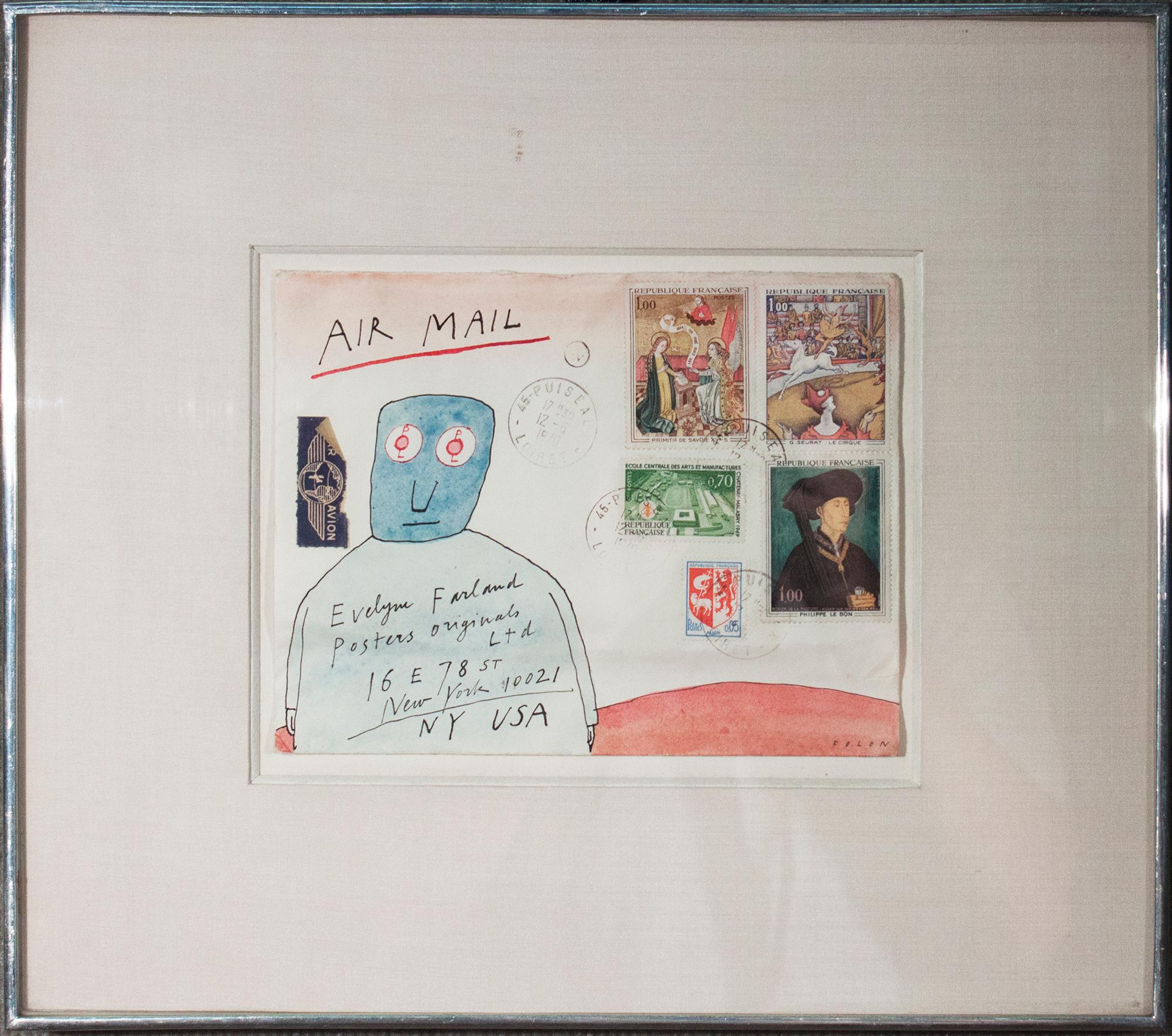 Figurative Art de Jean-Michel Folon - Tarjeta postal dibujada a mano firmada por Air Mail
