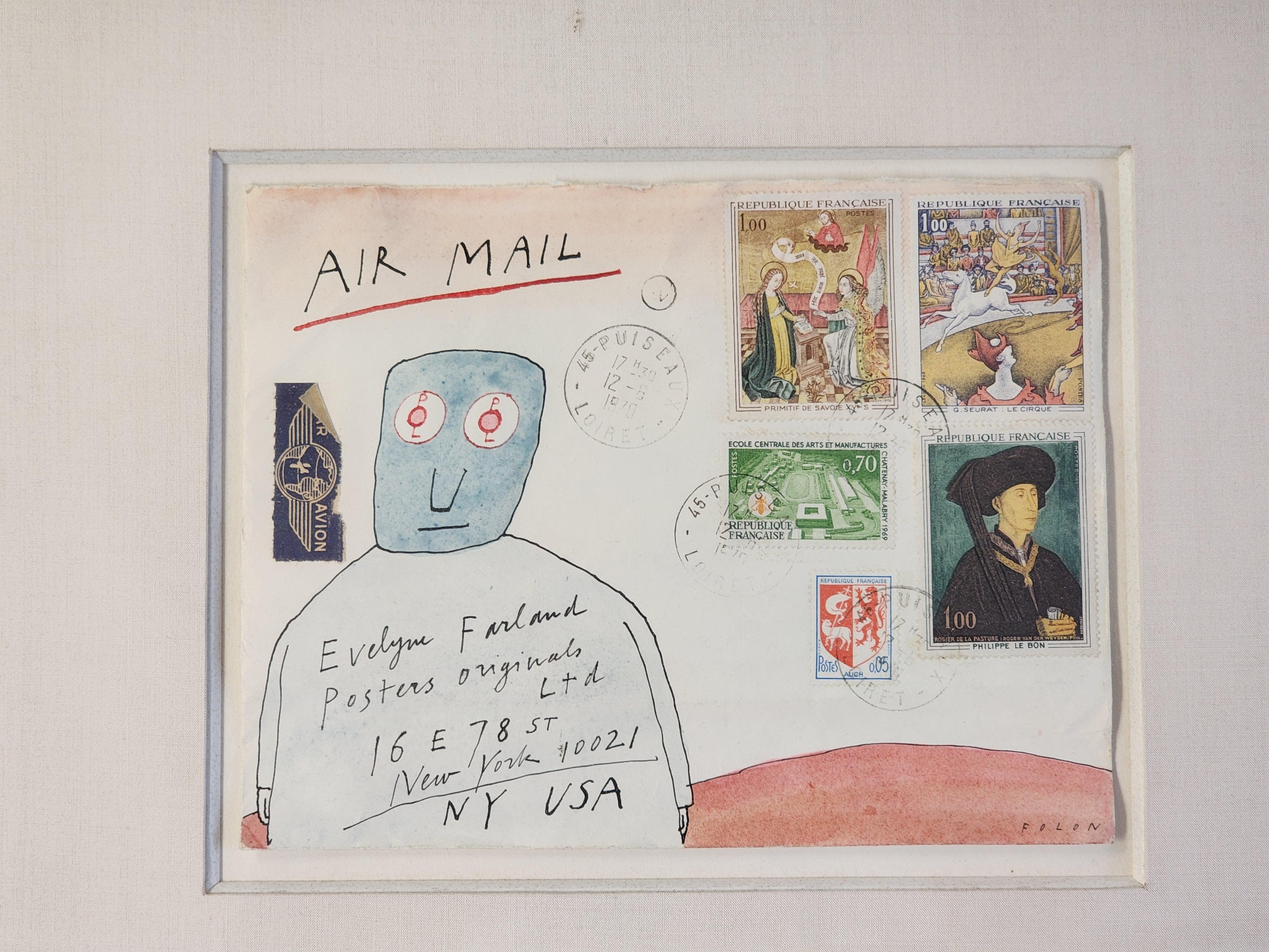 Tarjeta postal dibujada a mano firmada por Air Mail - Art Contemporáneo de Jean-Michel Folon