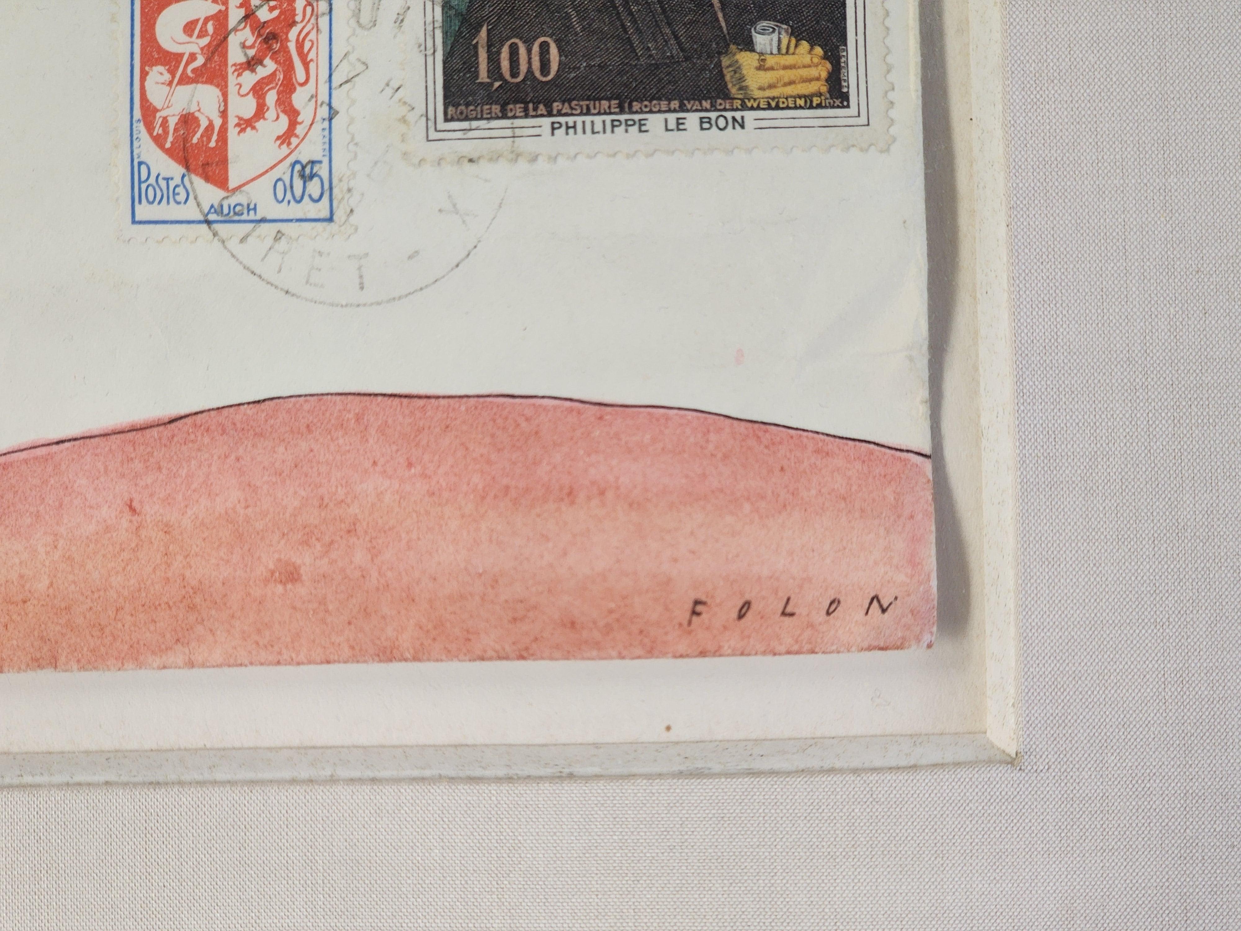 Tarjeta postal dibujada a mano firmada por Air Mail - Art de Jean-Michel Folon