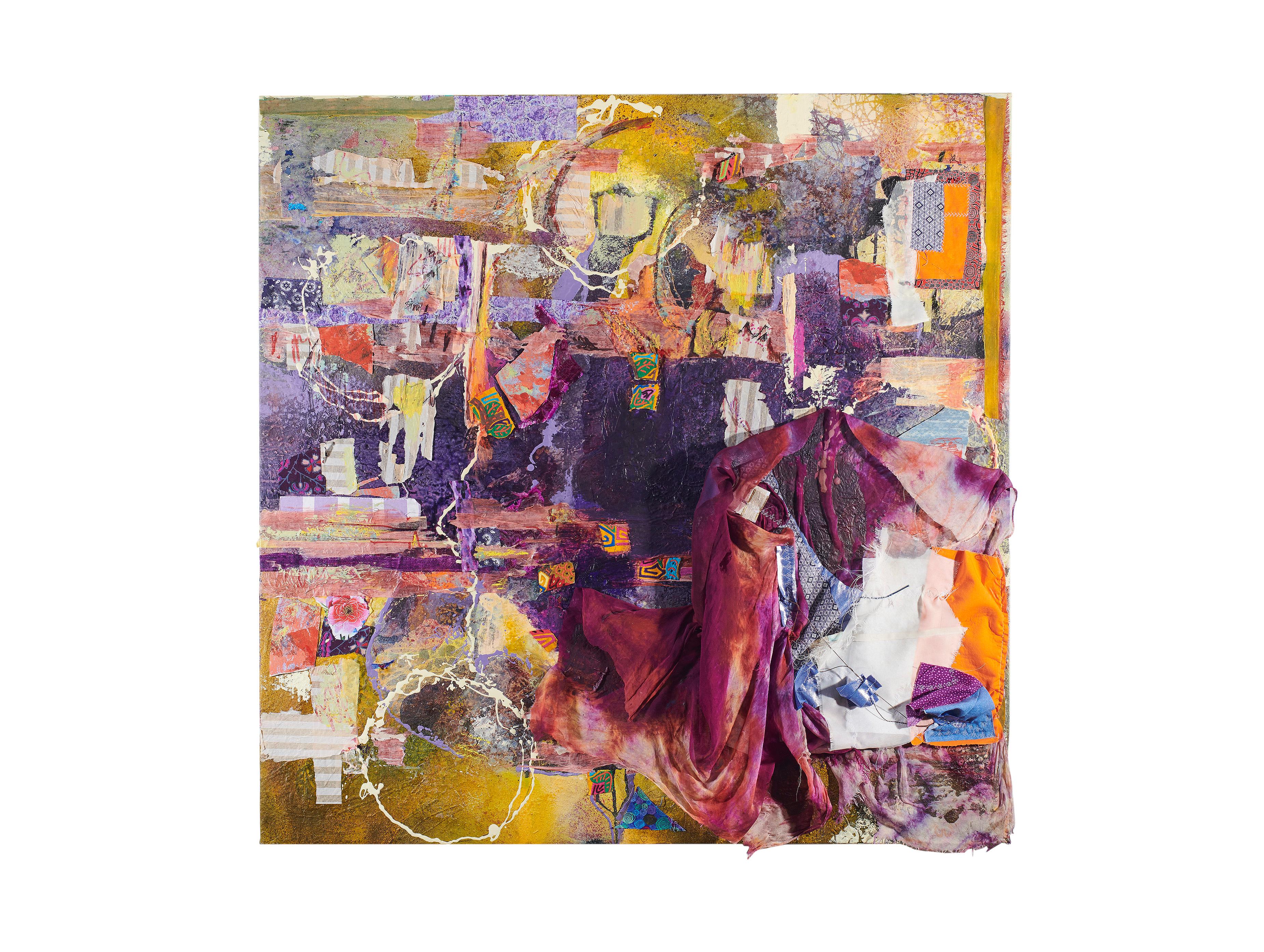 Window Shopping - Robert Rauschenberg type Abstract in Purple + Yellow  - Painting by Jennifer Blalack