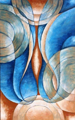 "My Brilliant Friend" - Large Abstract Oil Painting w/ Blues & Orchres Geometric