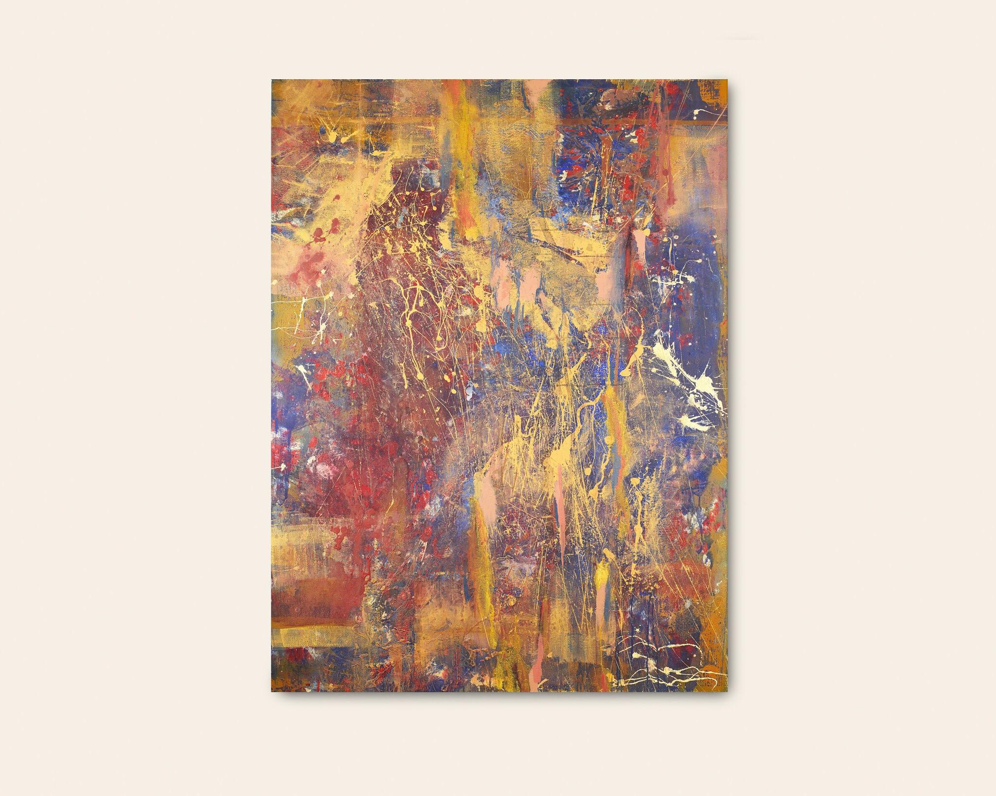 Safari - Stunning Abstract Painting with Drip, Splattered, (Red+Blue+Gold)  - Brown Landscape Painting by Jennifer Blalack