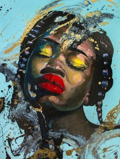 "I" Colorful painting of Woman / Female Portrait with Red Lips, Brown Hair, Gold