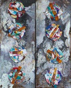 Worlds - Abstract Diptych Impasto Texture with Textile and Fiber in Grey & White