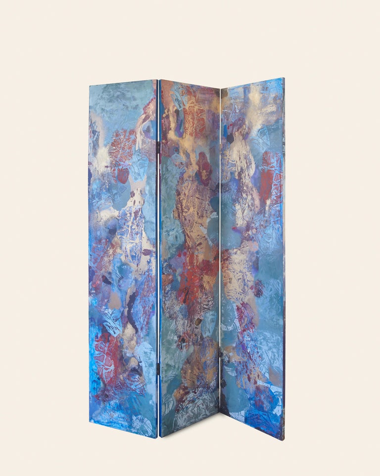 Jennifer Blalack Abstract Painting - "Different Phases" - Gorgeous Hand-Painted Abstract Room Divider in Gold + Blue