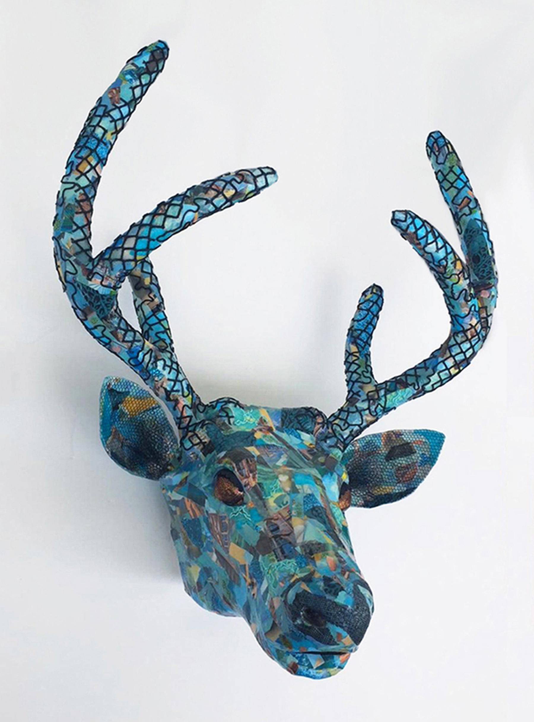 Banff- Beautiful Jeweled, Teal Sculpture of Endangered Deer in Up-Cyled Material - Mixed Media Art by Yulia Shtern