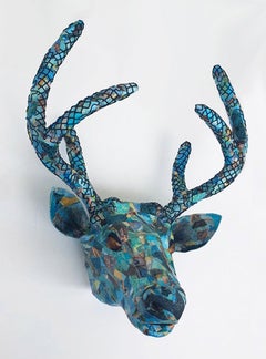 Banff- Beautiful Jeweled, Teal Sculpture of Endangered Deer in Up-Cyled Material