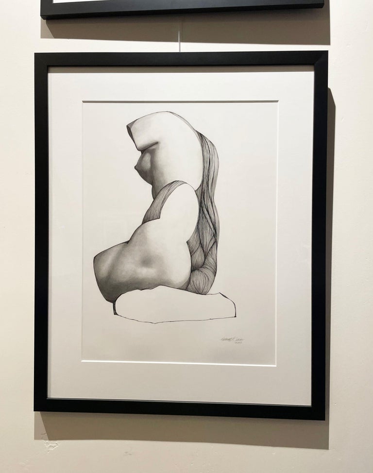 Unveiling I - Contemporary Figure Drawing in Pen, Ink + Graphite - Gray Nude by Katherine Filice
