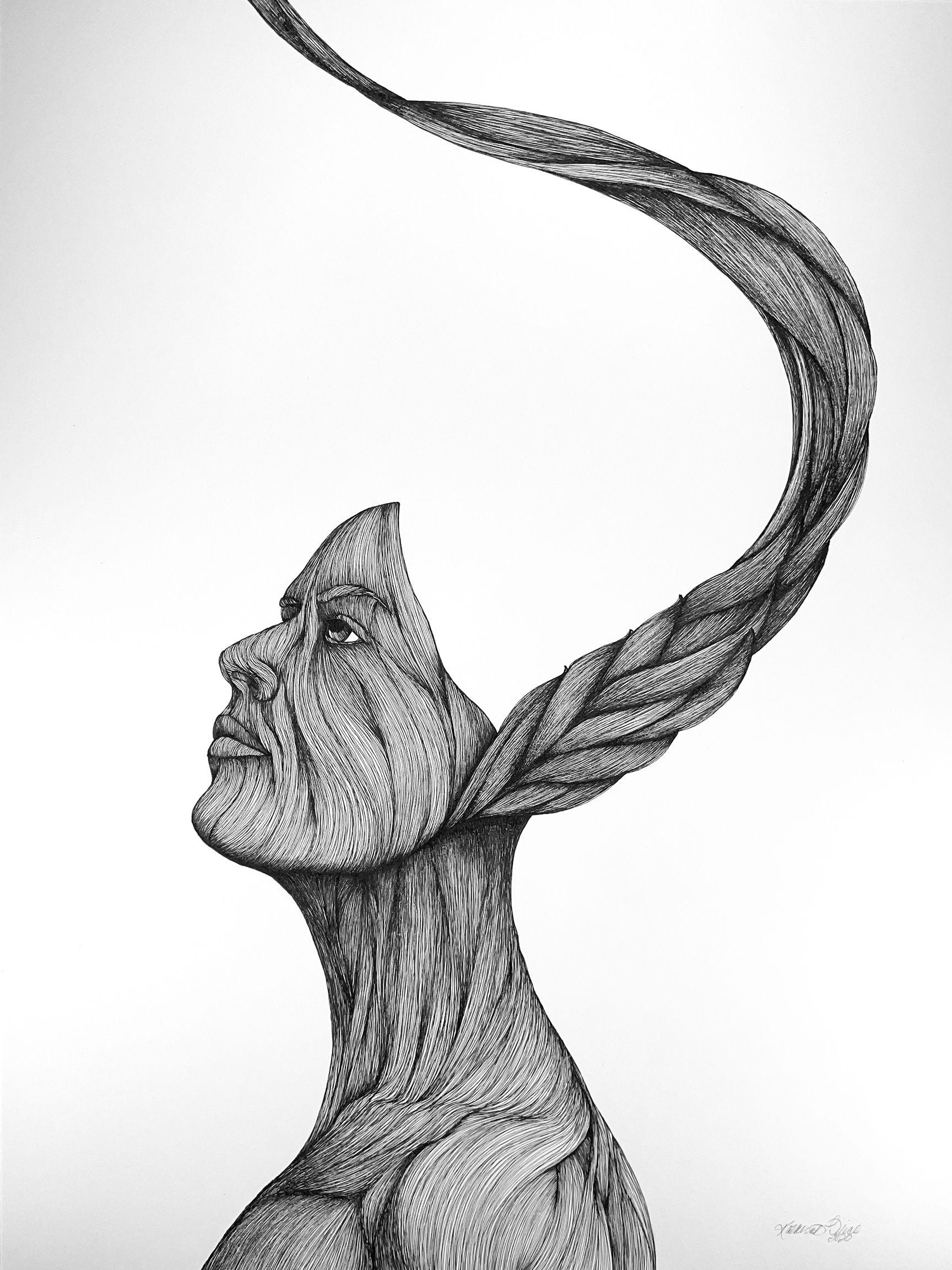 Spirit Warrior - Contemporary Figurative Illustration (Black+White) - Art by Katherine Filice