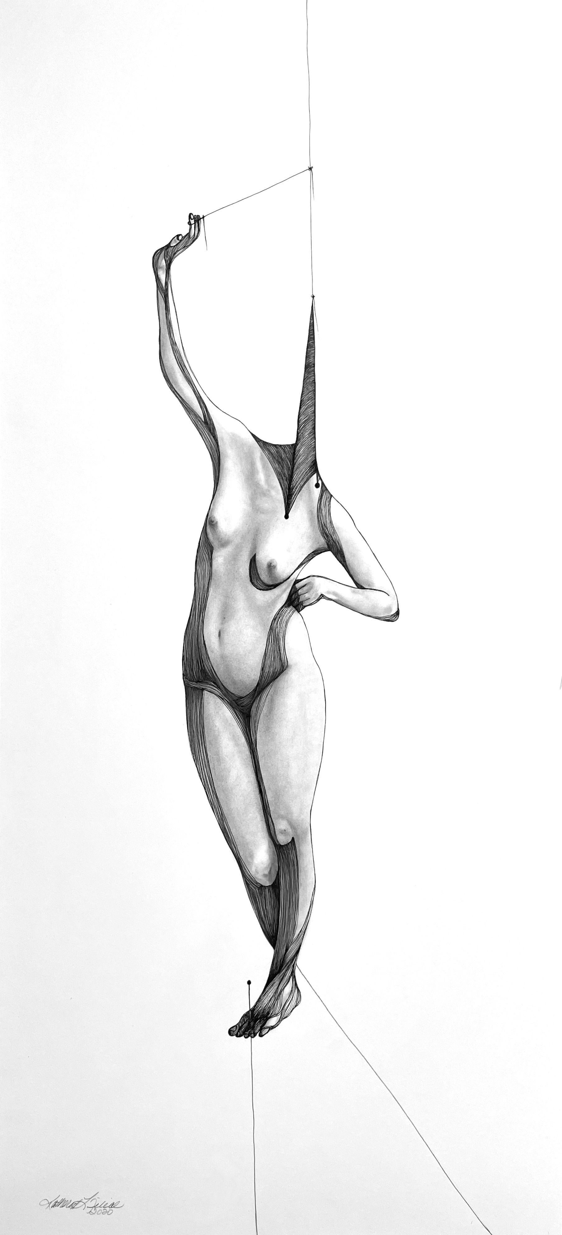 Katherine Filice Figurative Art – Zeitgenössische abstrakte Figurenzeichnung mit Bleistift + Tusche + Graphit in Schwarz