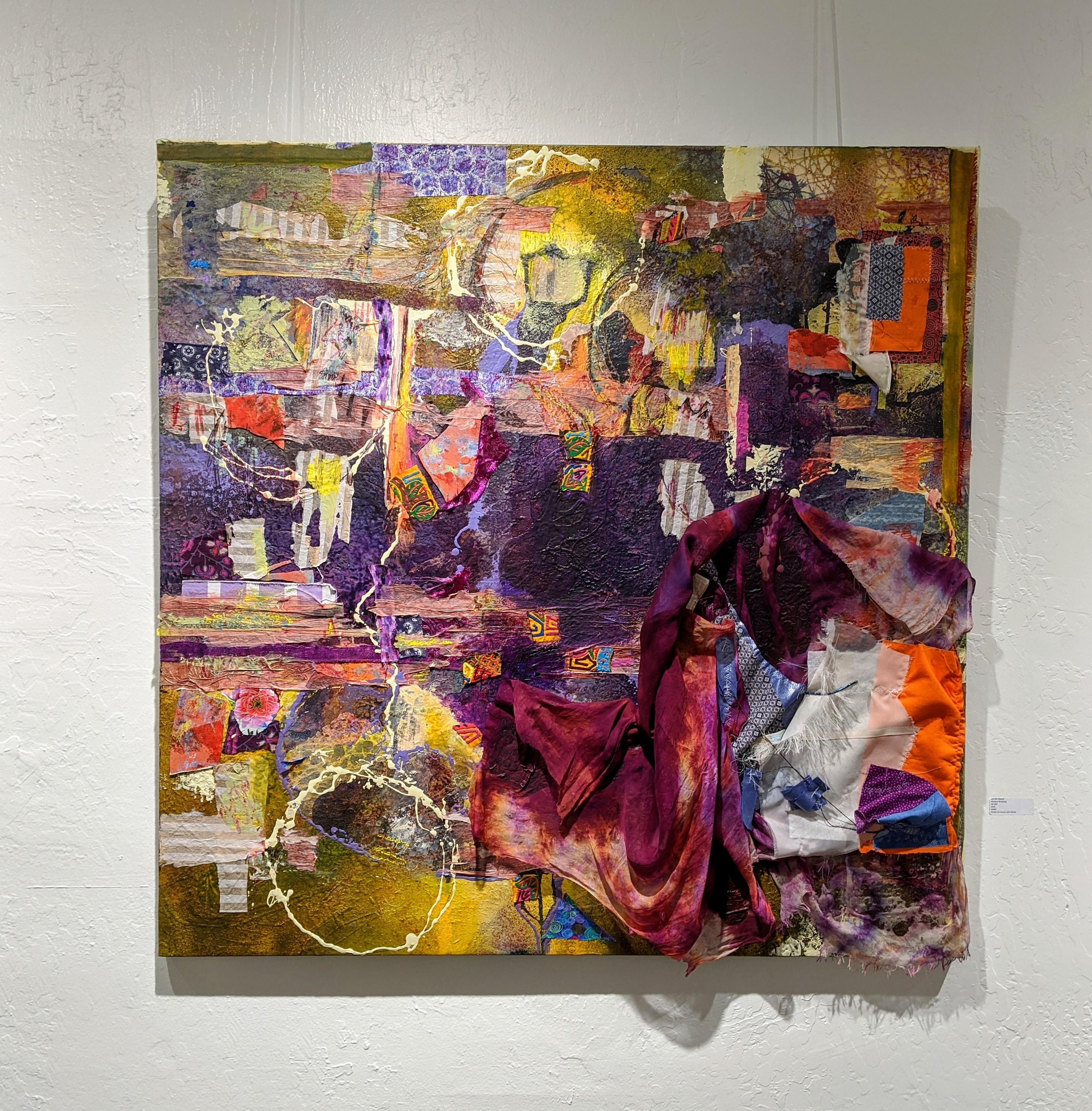 Window Shopping - Robert Rauschenberg type Abstract in Purple + Yellow  - Brown Abstract Painting by Jennifer Blalack