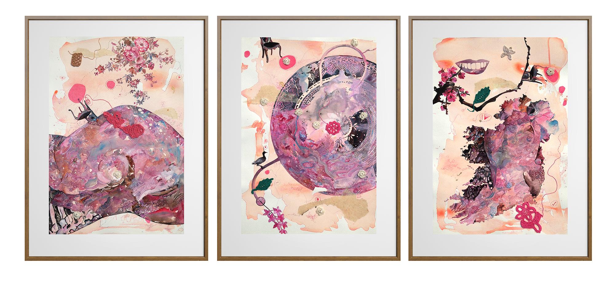 Ritu Sinha Figurative Painting - "My Body, My Soul" - Gorgeous Triptych by Indian Artist - Framed in Light Wood