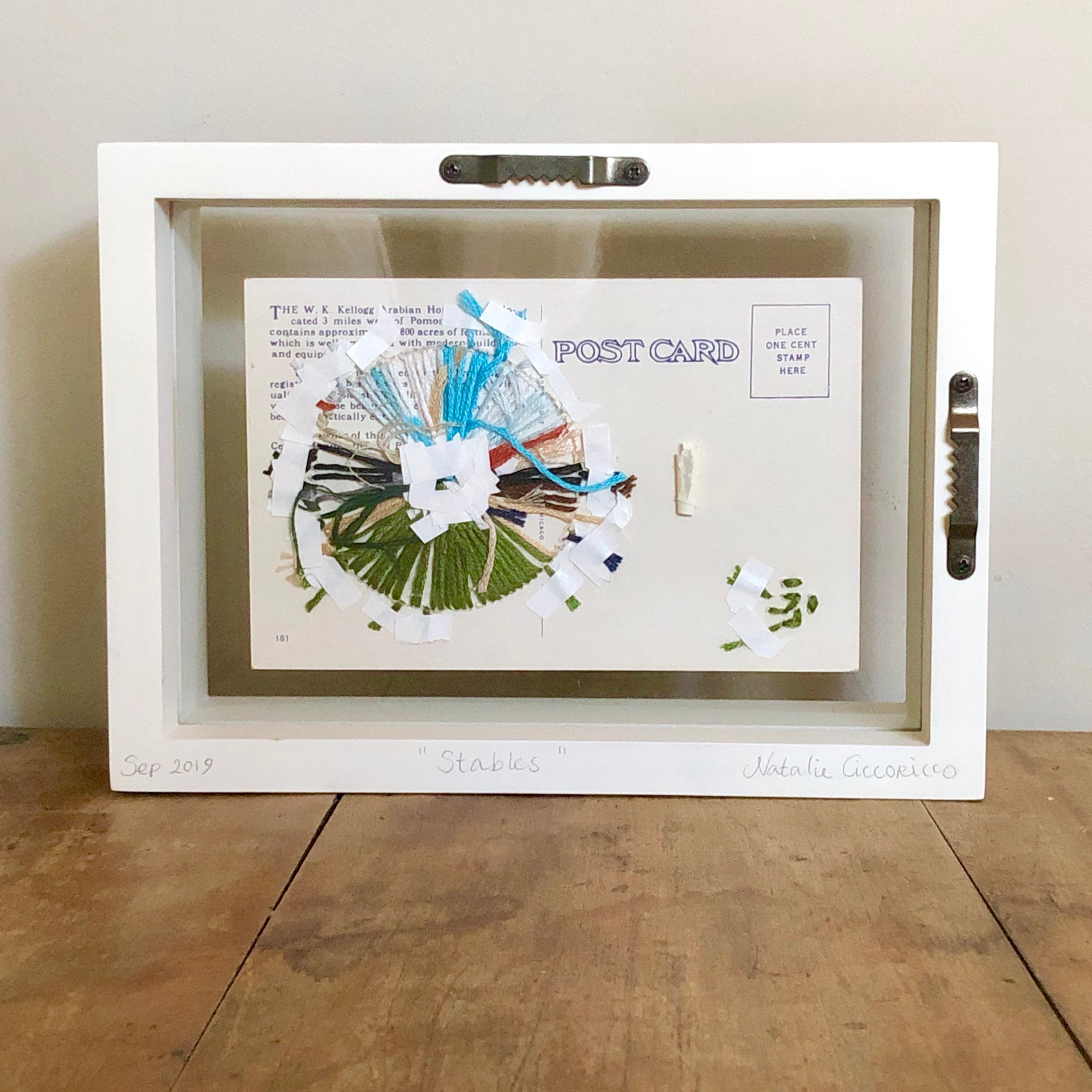 Natalie Ciccoricco has brought these vintage postcard back to life with her unique embroidery.  Drawing in colors from the postcard, she creates her signature color hole in this beautifully frame work.  The back of the frame is clear, allowing the