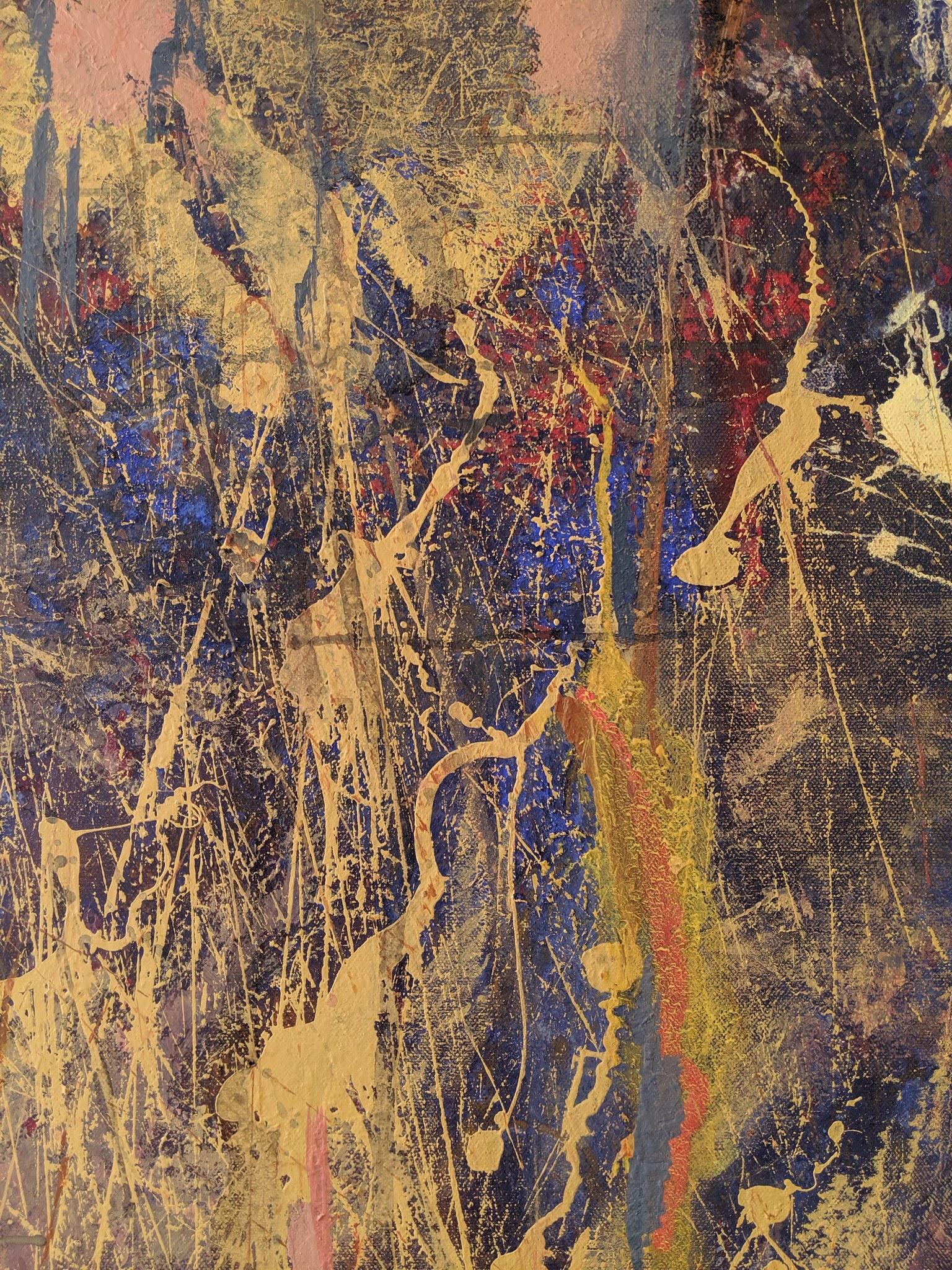 Safari - Stunning Abstract Painting with Drip, Splattered, (Red+Blue+Gold)  1