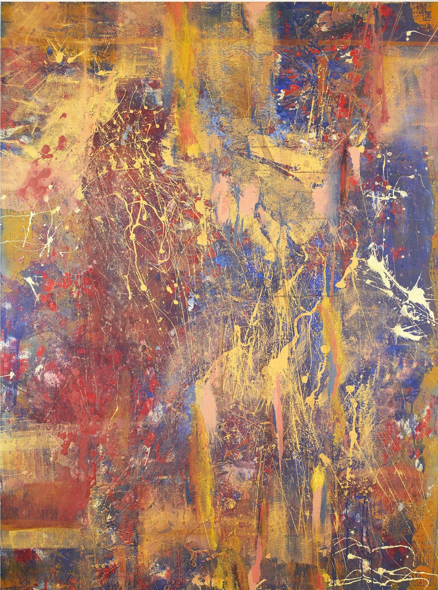 Jennifer Blalack Landscape Painting - Safari - Stunning Abstract Painting with Drip, Splattered, (Red+Blue+Gold) 