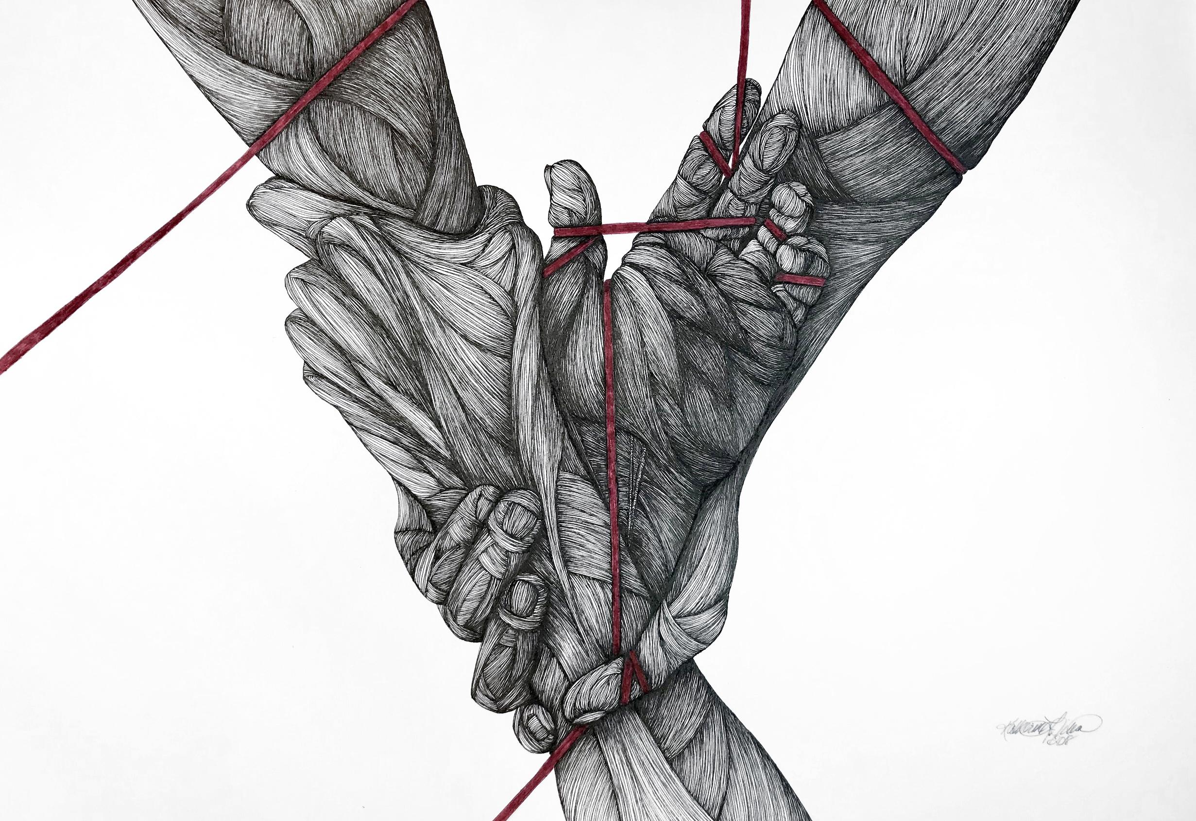 Katherine Filice Figurative Art – Counterpoint - Stift und Tinte auf Papier (Giclee-Druck) Figur mit rotem Band Zeichnung