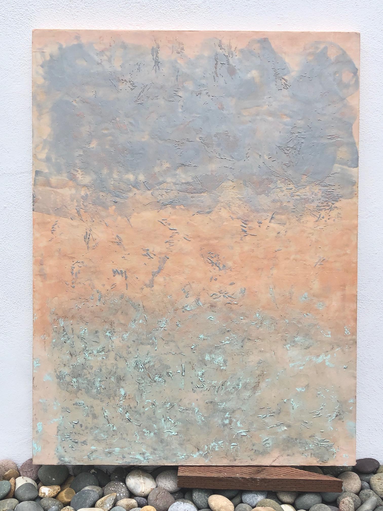 Ethereal - Large Square Encaustic (Wax) Abstract Painting with Peach, and Blue 1