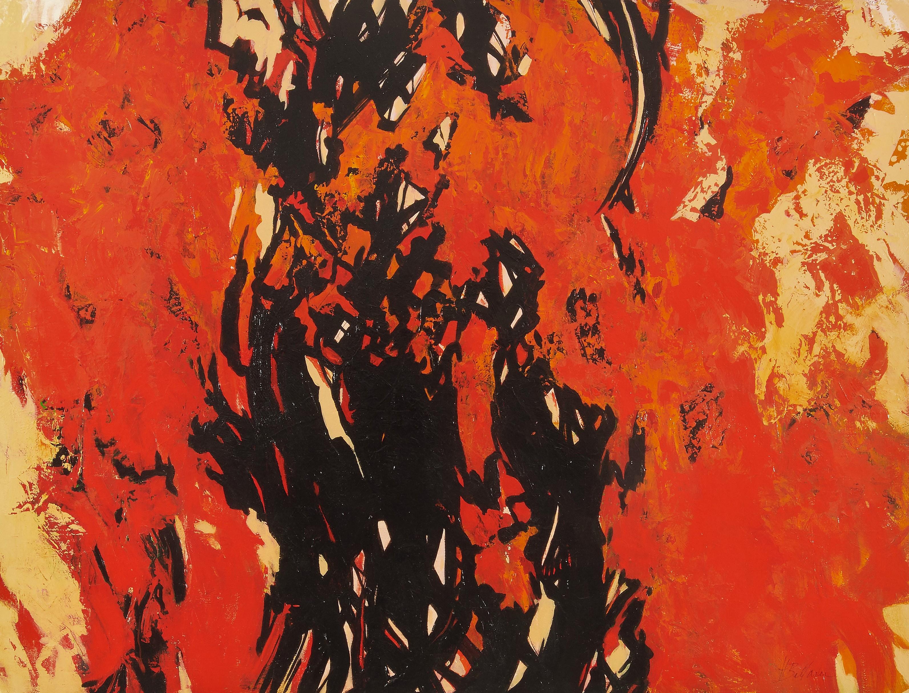 Helen Bellaver Abstract Painting - Paradise Fire, A Wake Up Call - Abstract Fire Painting with (Orange+Red+Black)