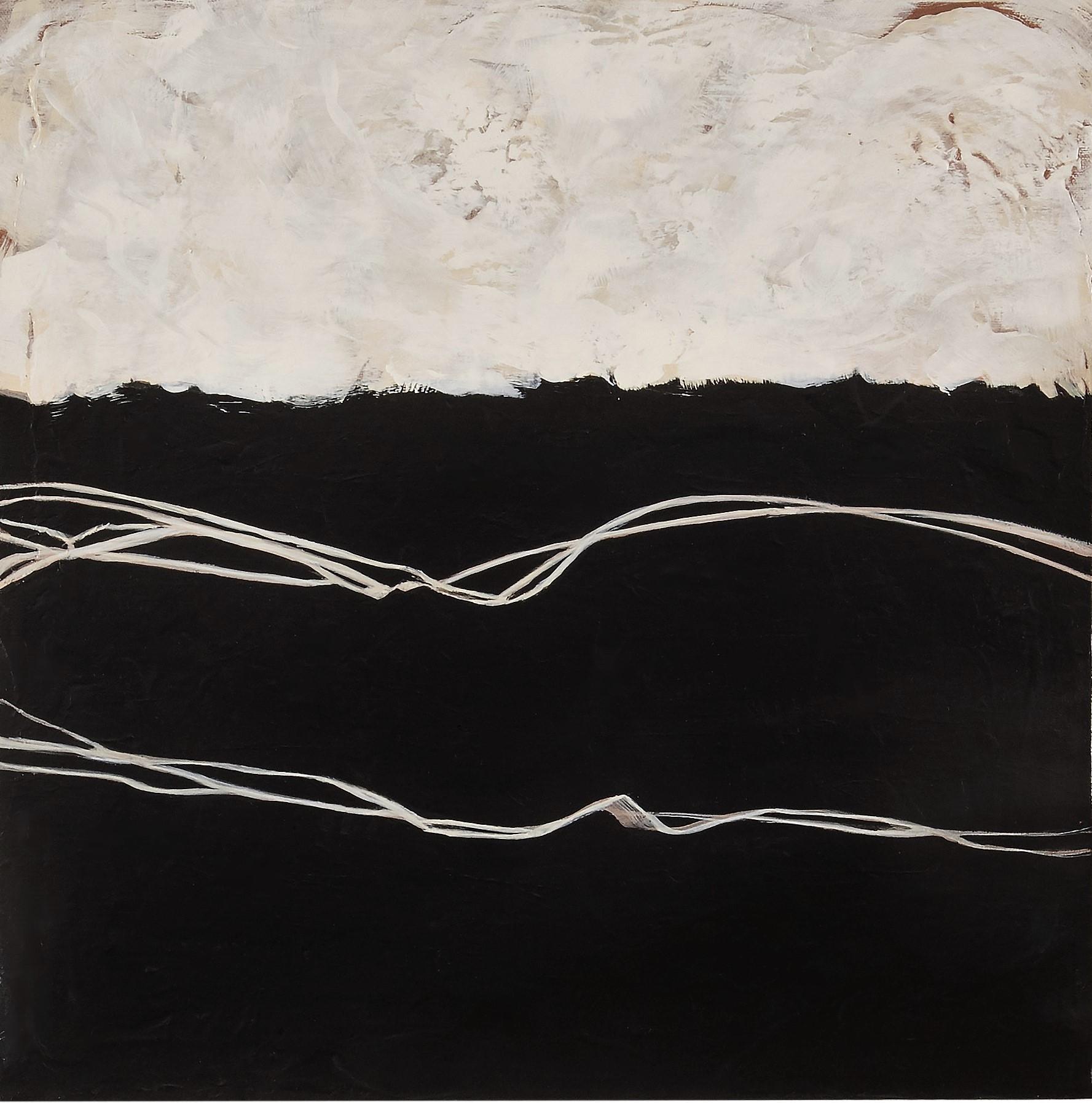 Helen Bellaver Landscape Painting - Endeavor, Trust - Contemporary Square Abstract Painting in Neutral + White + Bla