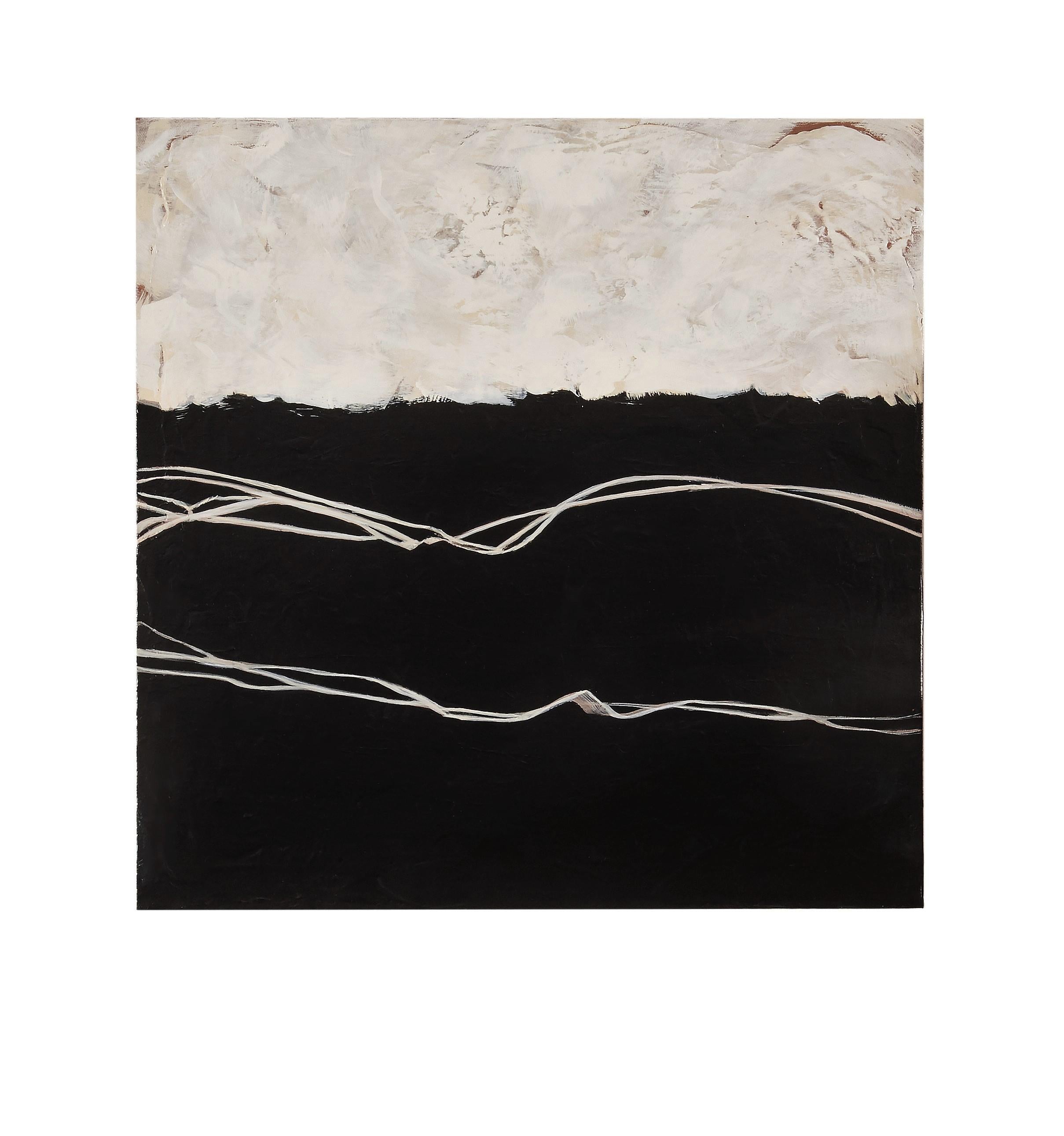 Endeavor, Trust - Contemporary Square Abstract Painting in Neutral + White + Bla - Black Landscape Painting by Helen Bellaver