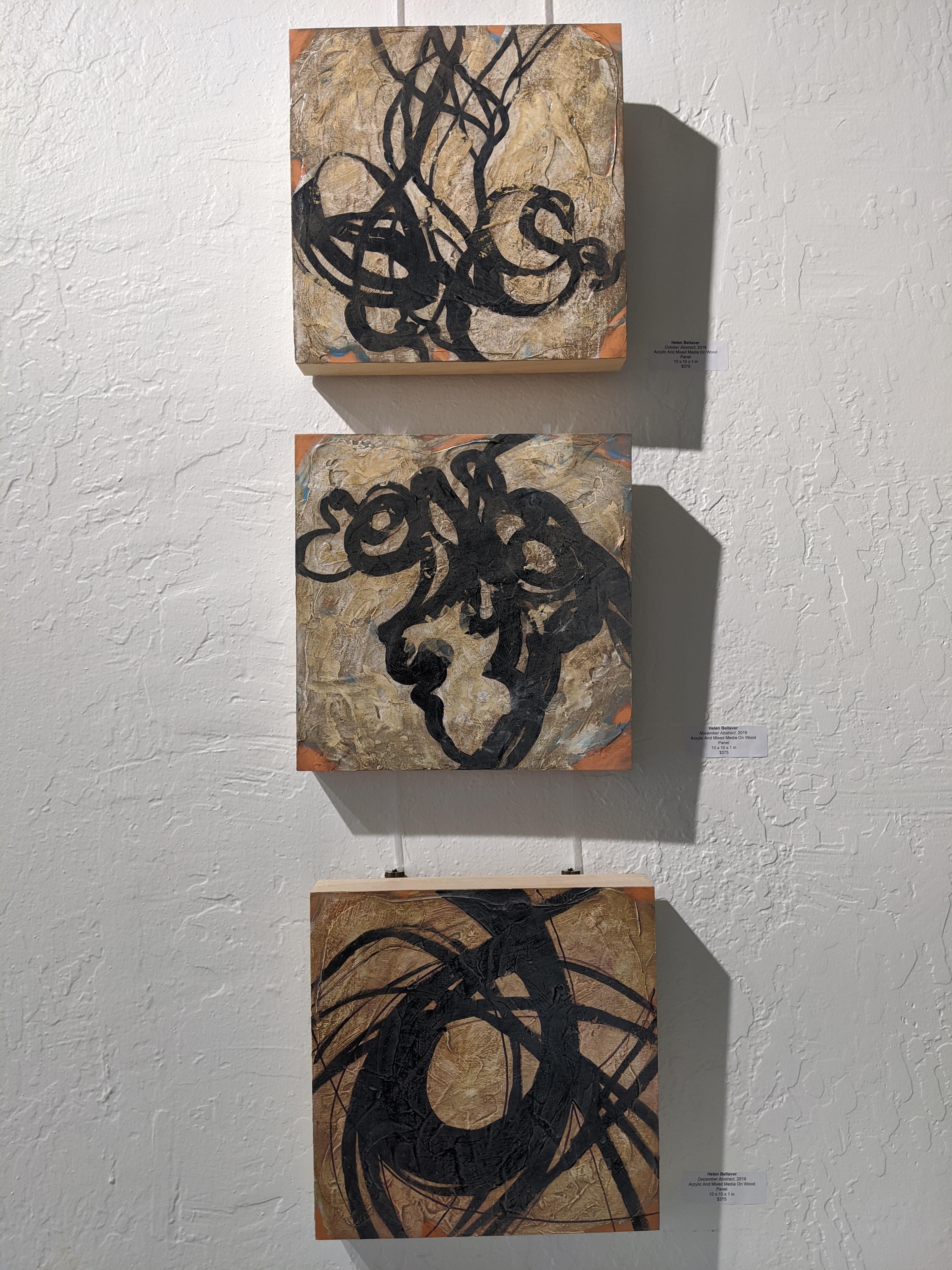 Helen Bellaver Abstract Painting - Abstract Triptych - Expressionist Painting with Earth Tones, Texture on Wood 