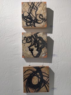 Abstract Triptych - Expressionist Painting with Earth Tones, Texture on Wood