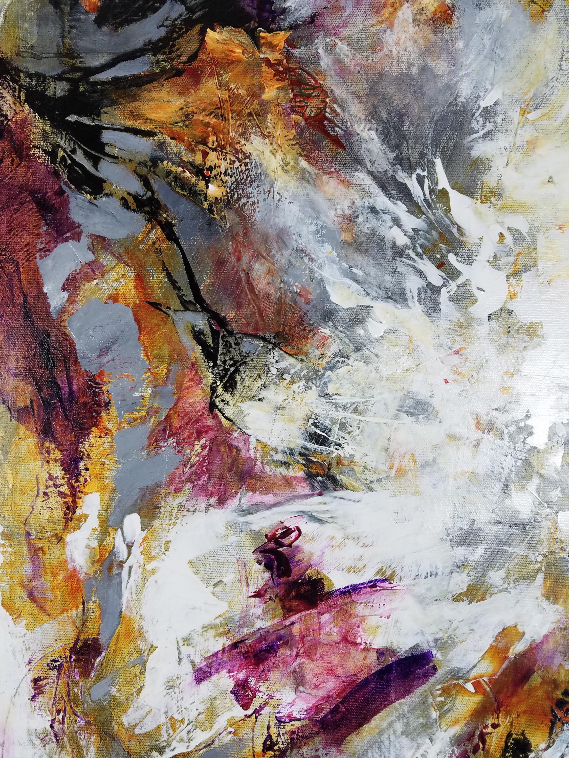 Come This Way - Landscape Grey, White, Ochre + Magenta Abstract Painting 1