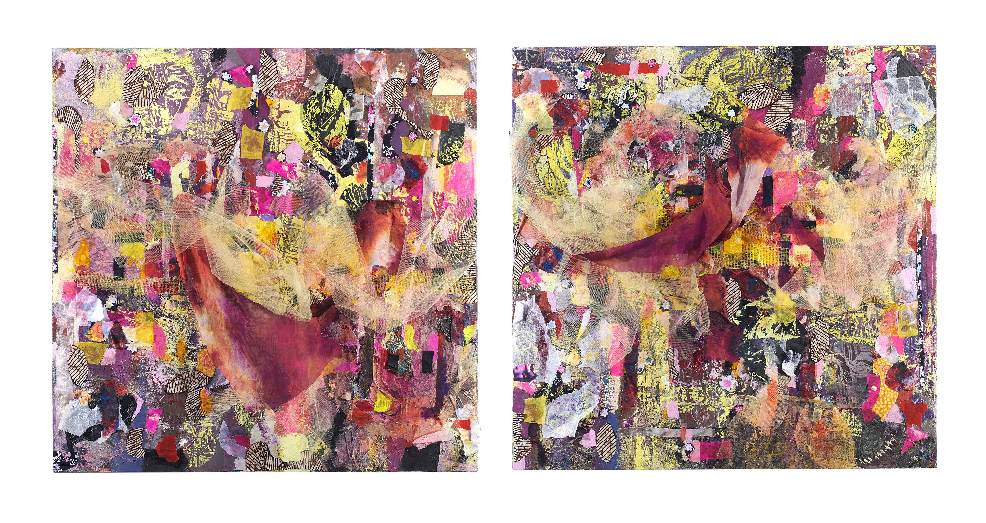 Information Overchoice - Eye Catching Mixed Media Diptych Black + Pink + Yellow - Contemporary Mixed Media Art by Jennifer Blalack