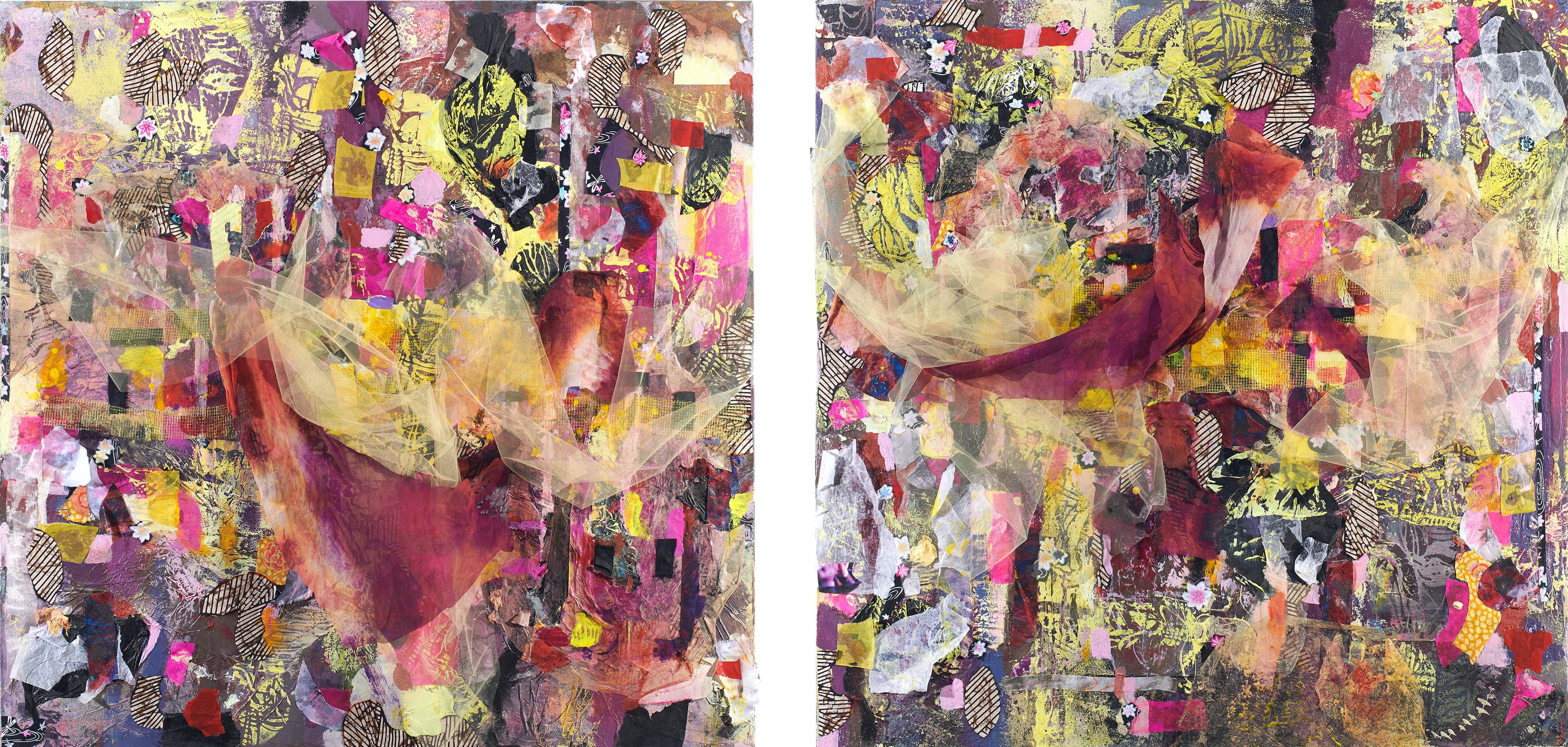 Information Overchoice - Eye Catching Mixed Media Diptych Black + Pink + Yellow - Mixed Media Art by Jennifer Blalack