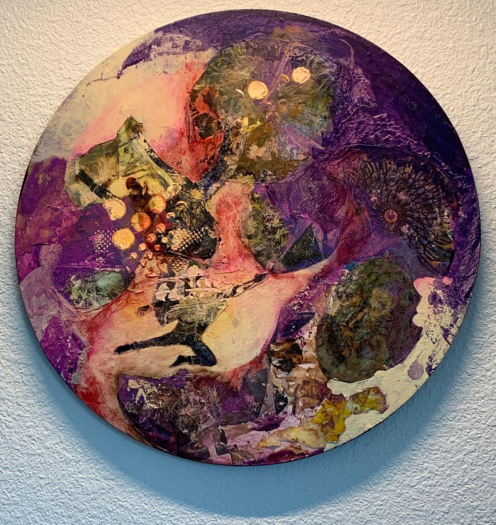 Dawn - Circular Canvas with Mixed Media Abstract in Purple - Gray Abstract Painting by Jennifer Blalack